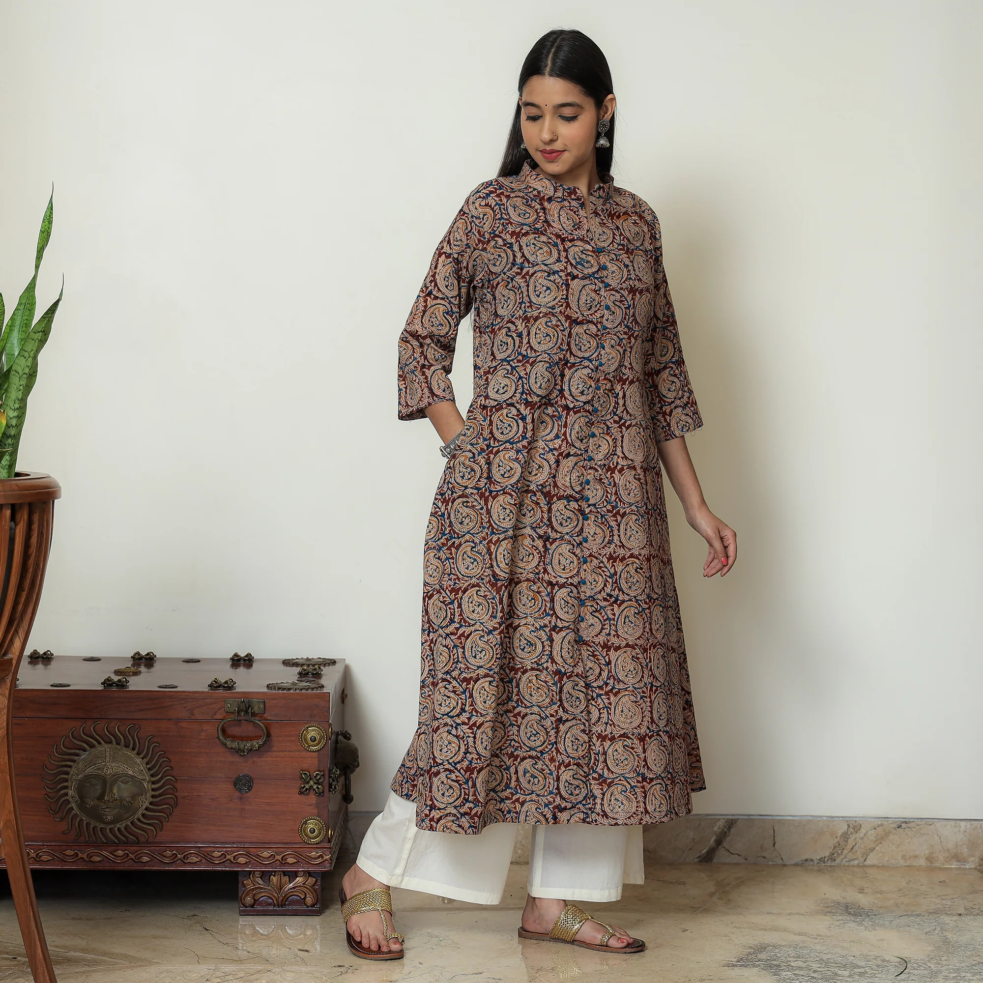 Maroon - Hand Block Print Cotton A-Line Kalamkari Kurta 23 - Image 7