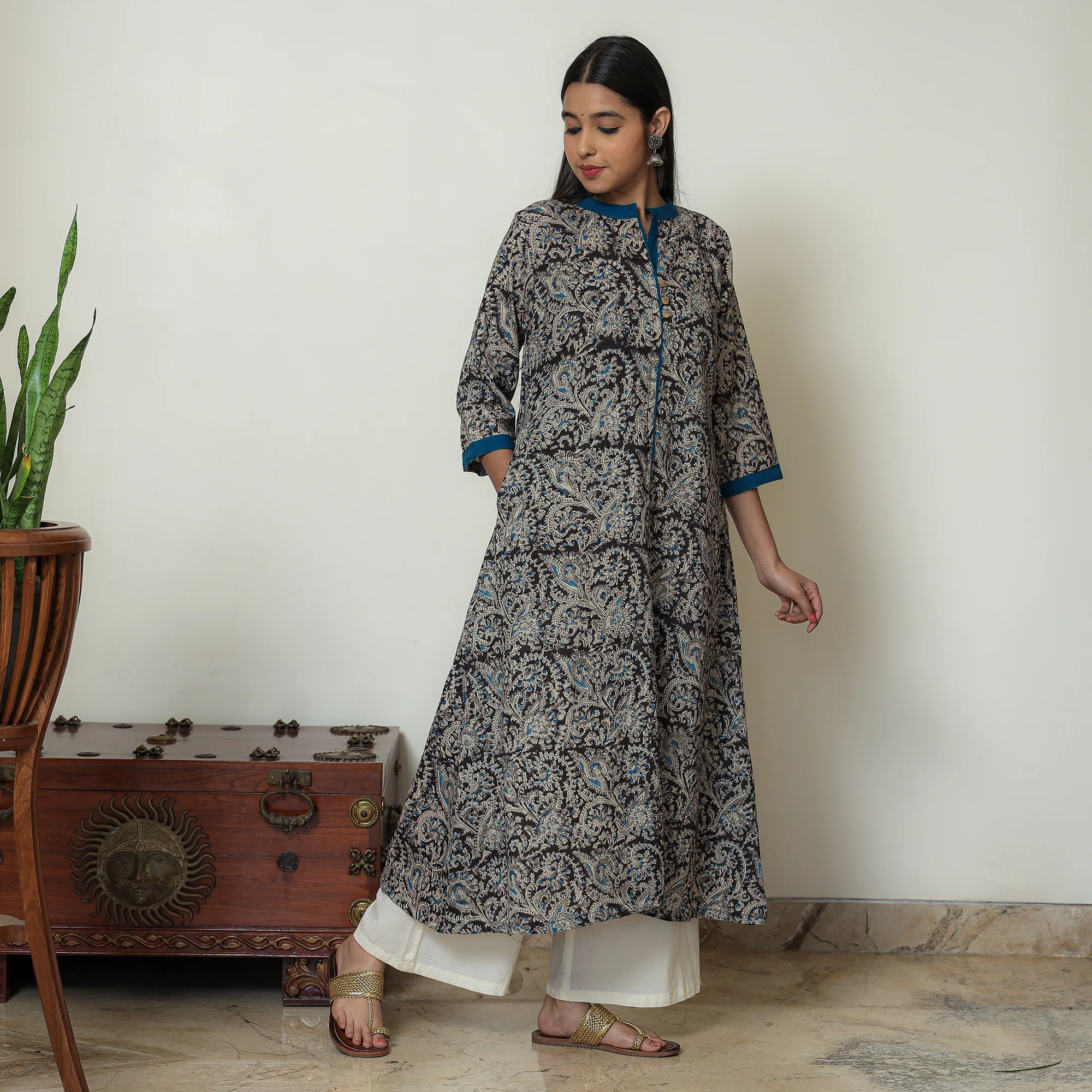 Black - Block Print Cotton A-Line Kalamkari Kurta 08 - Image 7