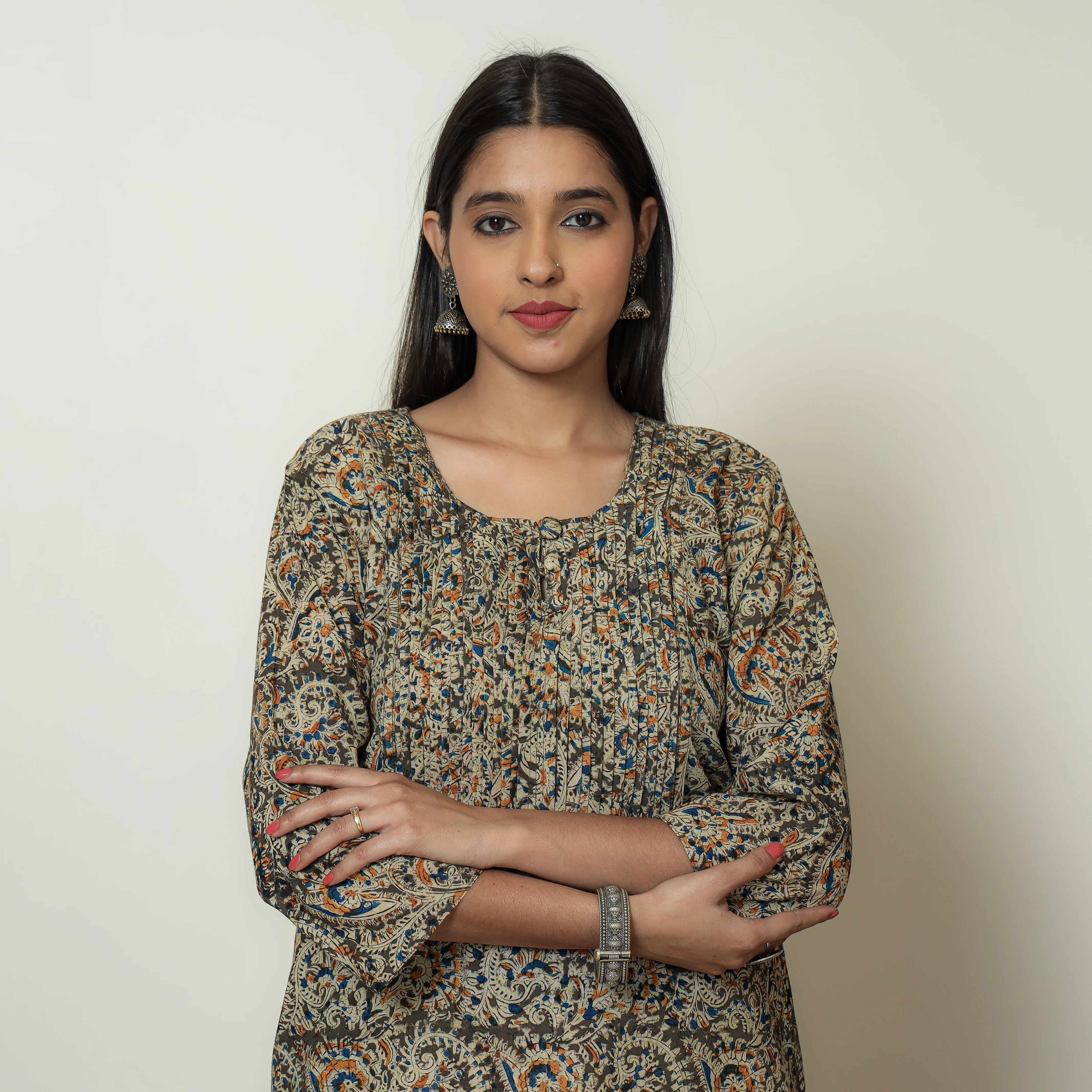 Brown - Kalamkari Block Print Cotton Pintuck Straight Kurta 07