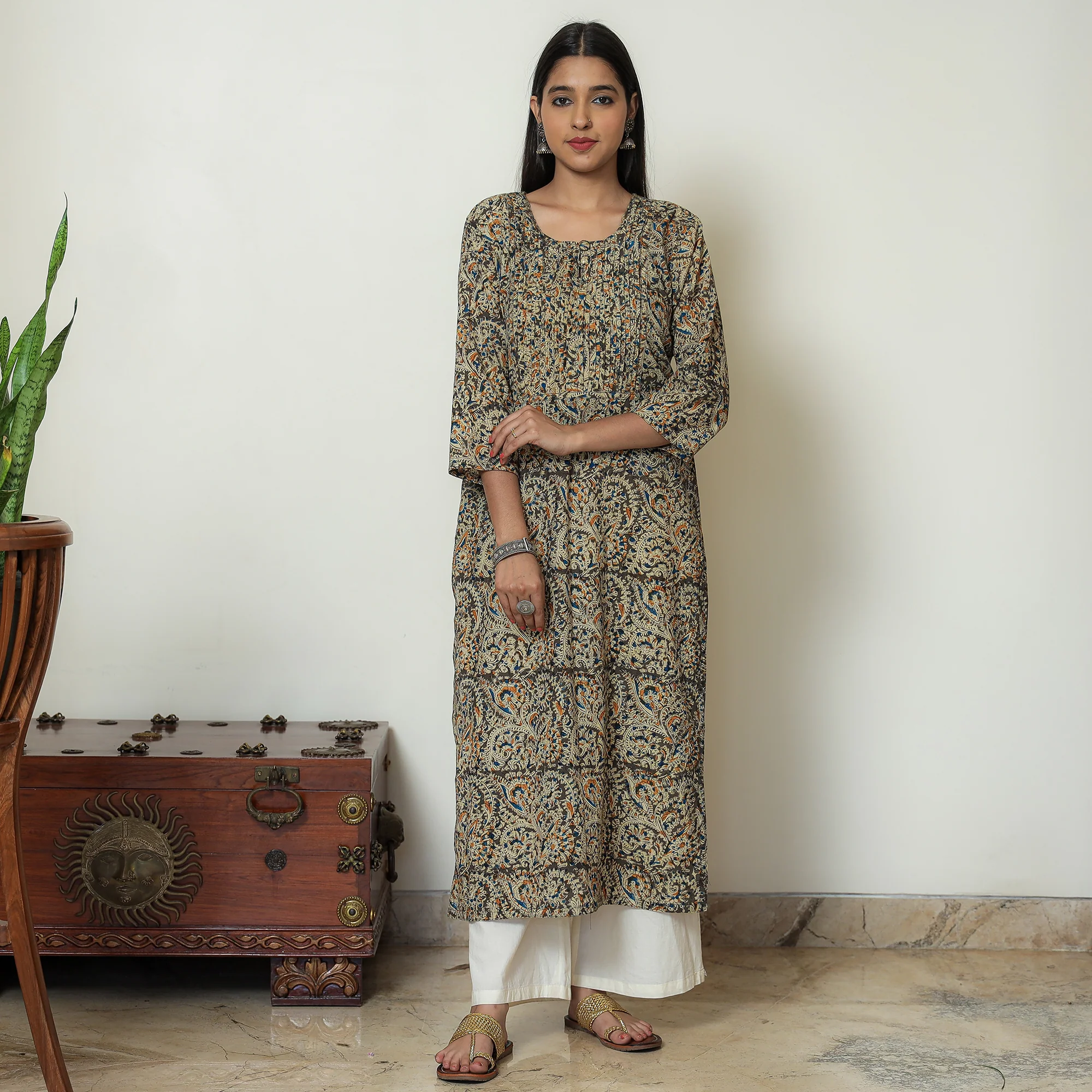 Brown - Kalamkari Block Print Cotton Pintuck Straight Kurta 07 - Image 3