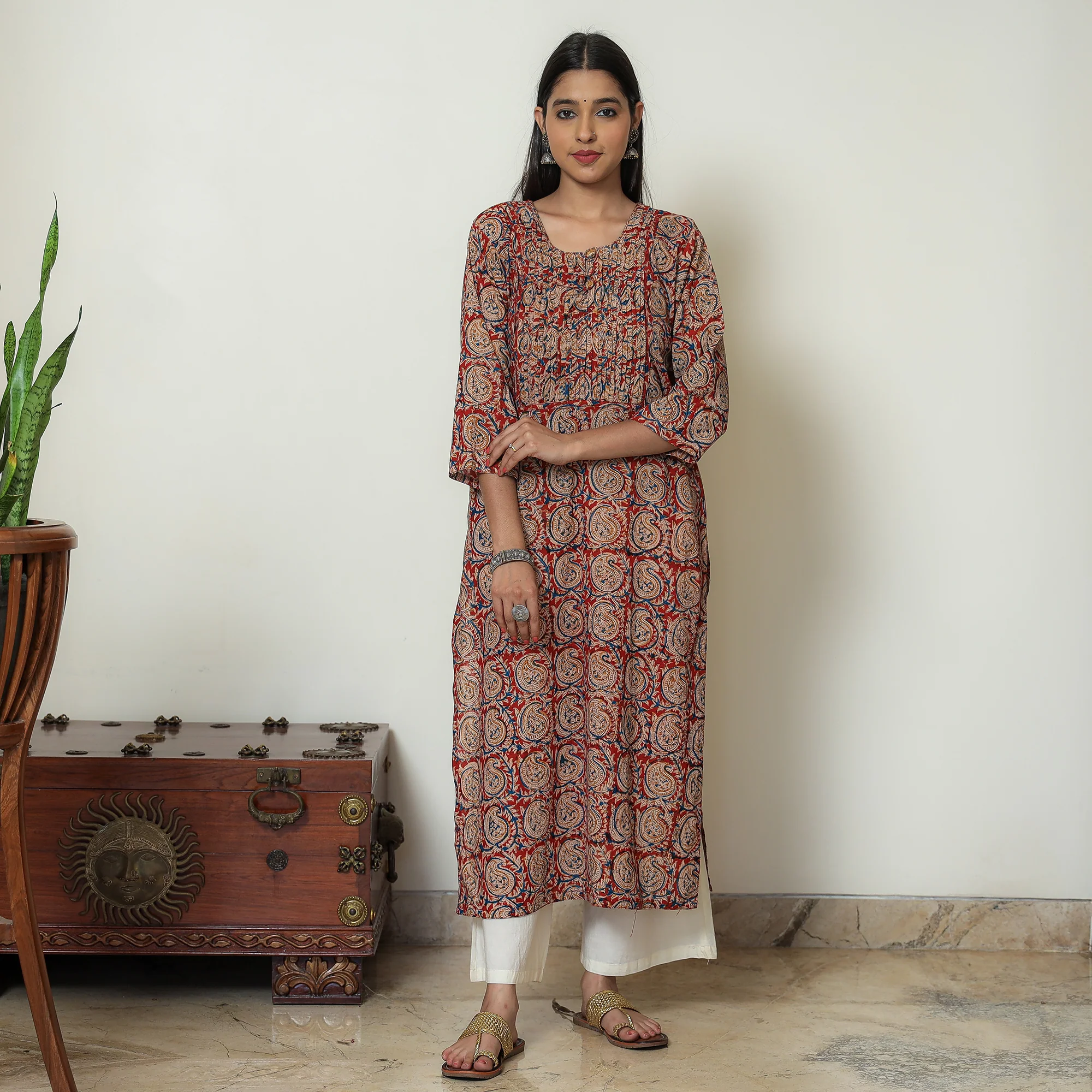 Red - Kalamkari Hand Block Printed Cotton Pintuck Straight Kurta 09 - Image 2