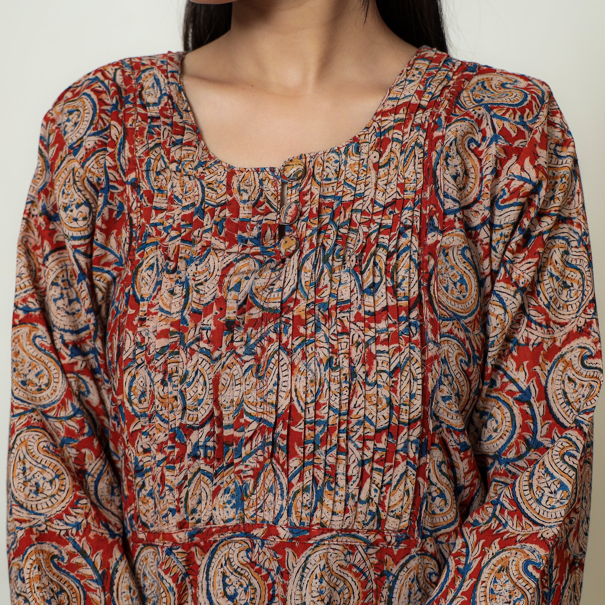 Red - Kalamkari Hand Block Printed Cotton Pintuck Straight Kurta 09 - Image 5