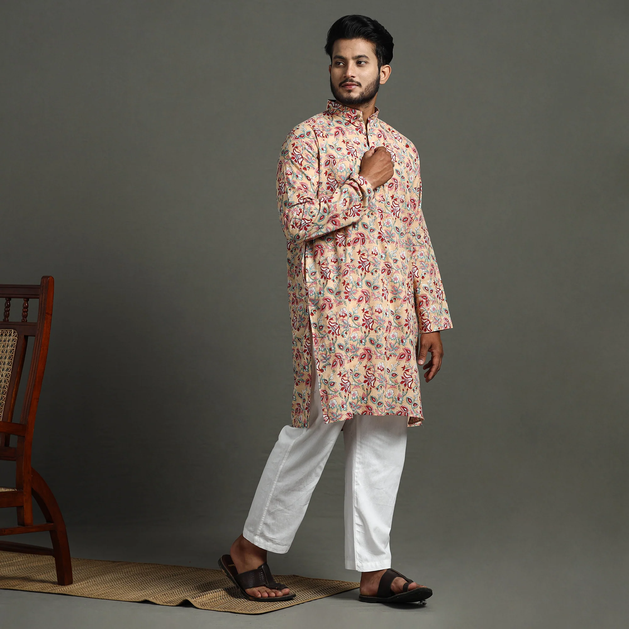 Sanganeri Block Printed Cotton Men Long Kurta 07 - Image 3