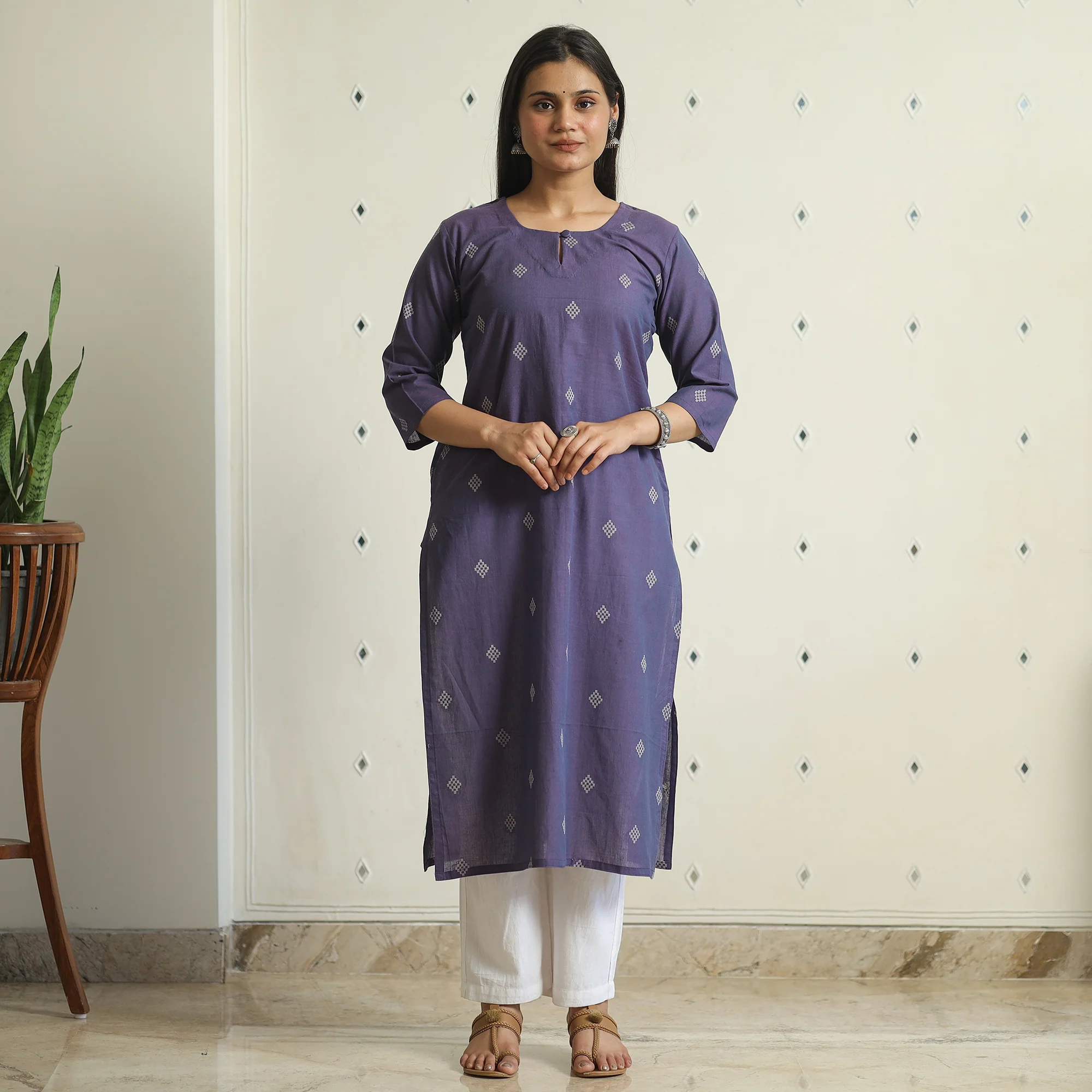 Purple - Jacquard Weave Cotton Straight Kurta 13 - Image 3