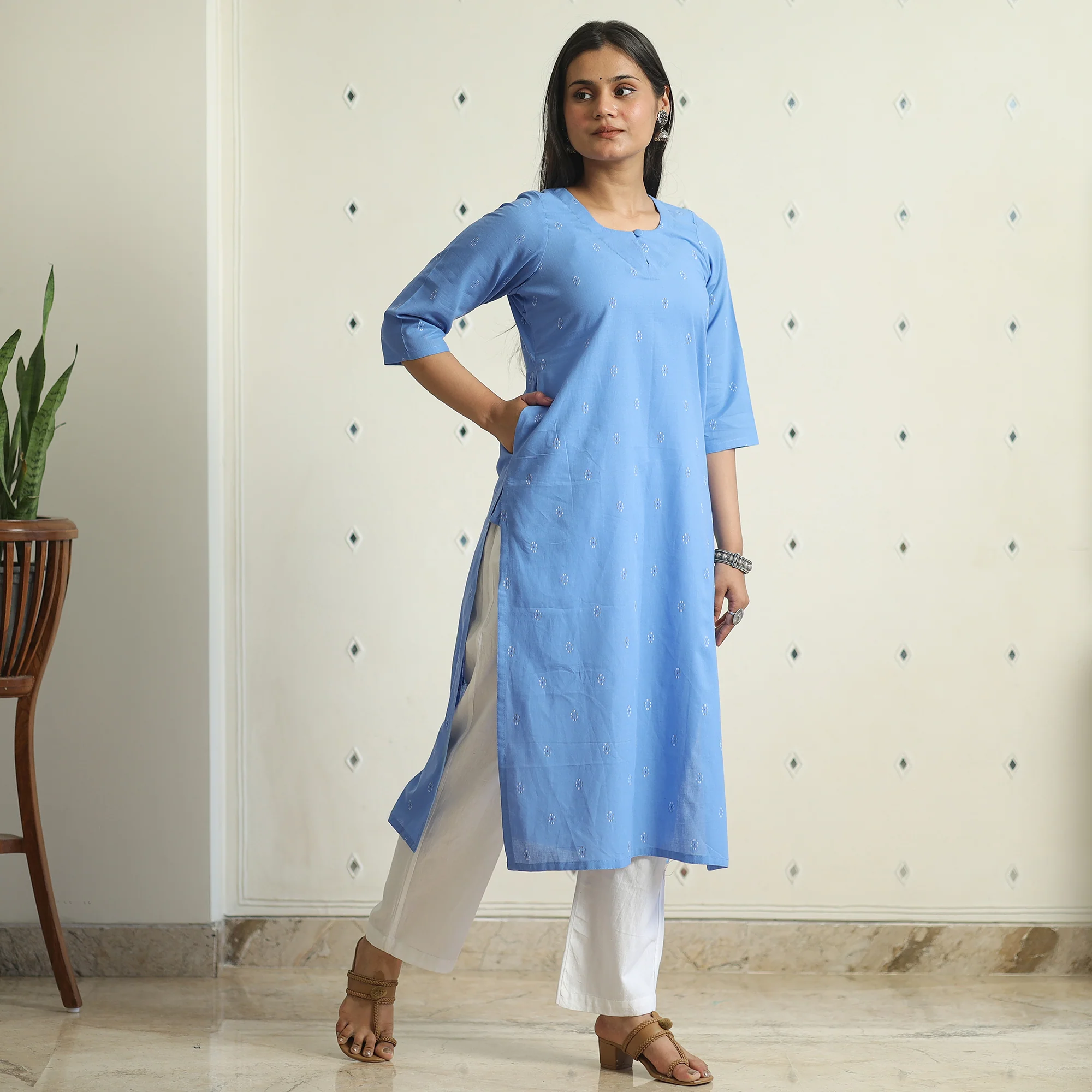 Blue - Jacquard Weave Cotton Straight Kurta 14 - Image 2