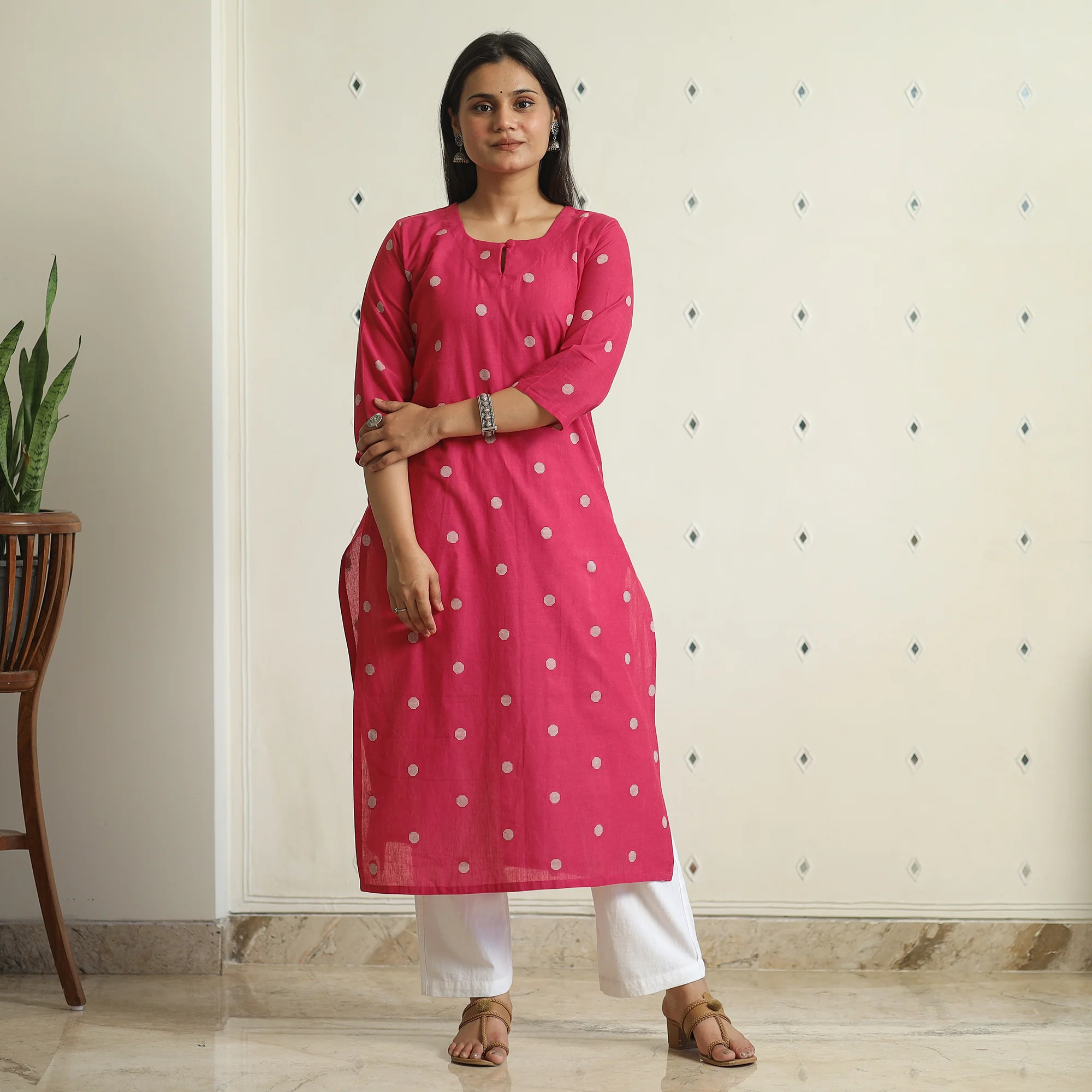 Pink - Jacquard Weave Cotton Straight Kurta 15