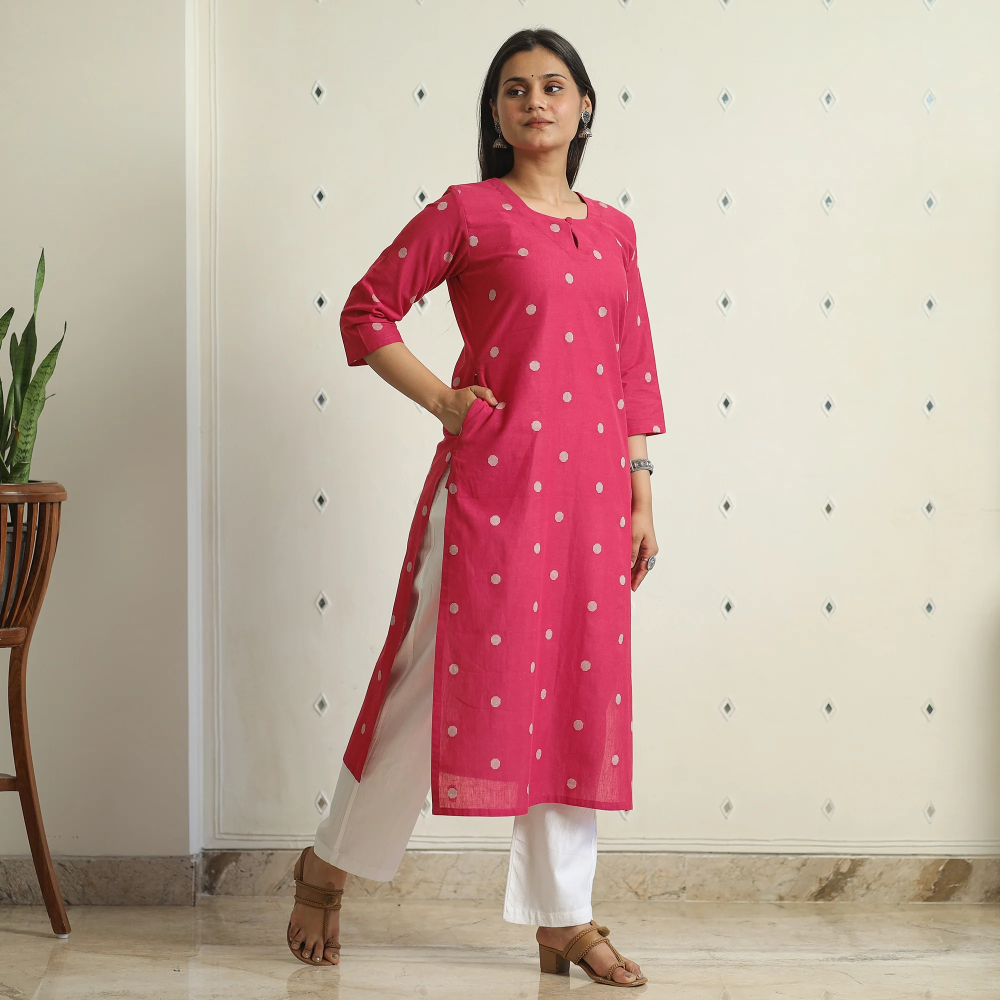 Pink - Jacquard Weave Cotton Straight Kurta 15 - Image 2