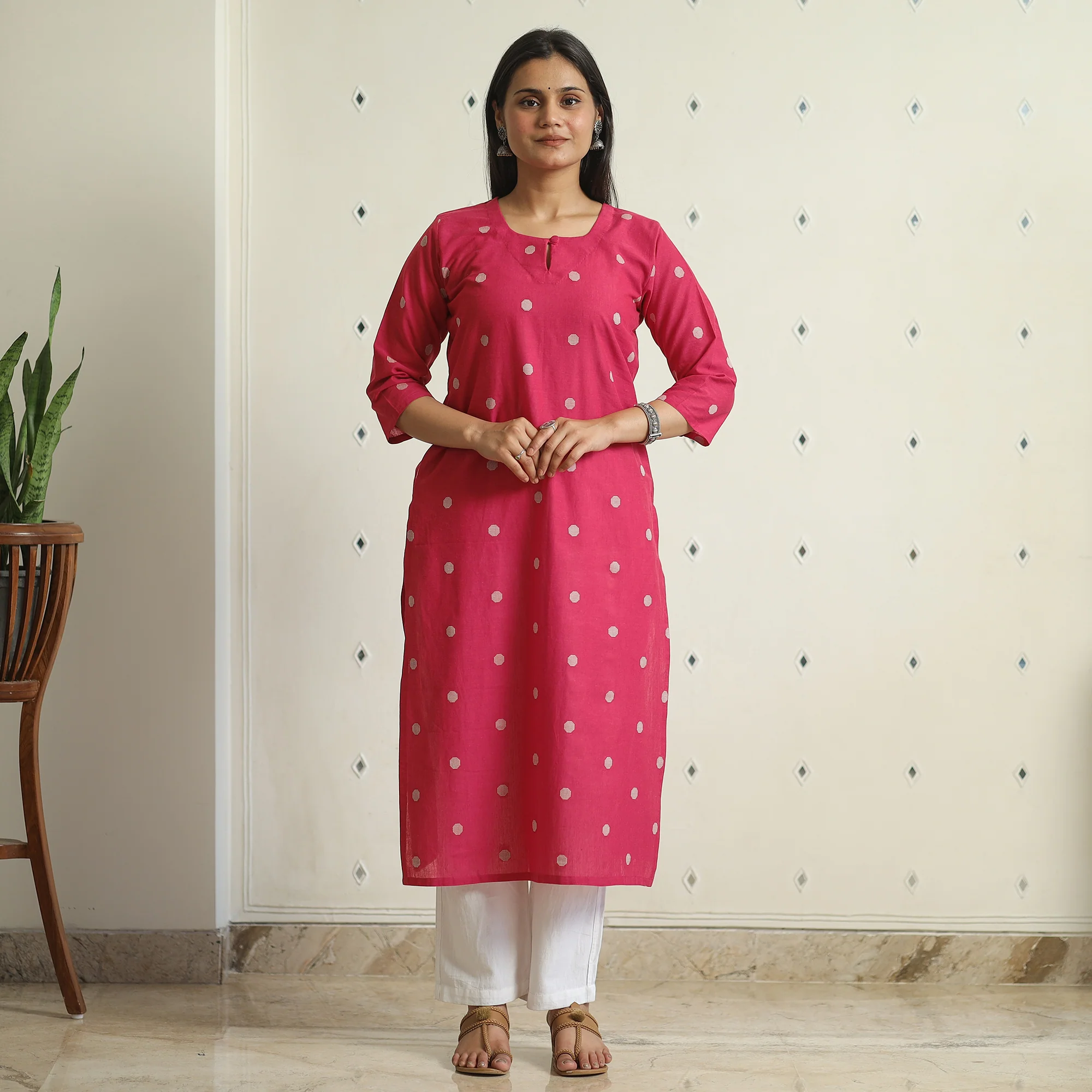 Pink - Jacquard Weave Cotton Straight Kurta 15 - Image 3
