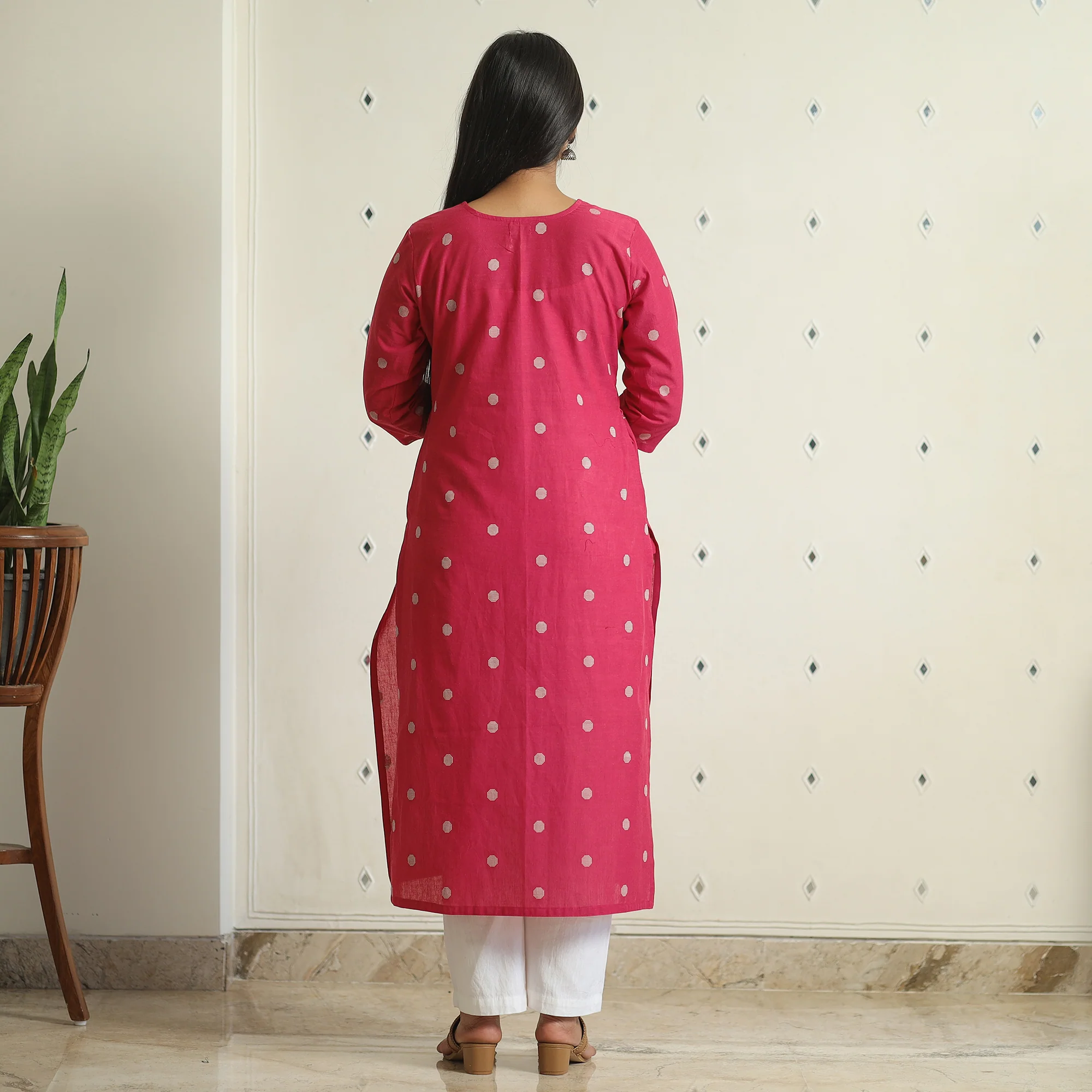 Pink - Jacquard Weave Cotton Straight Kurta 15 - Image 7