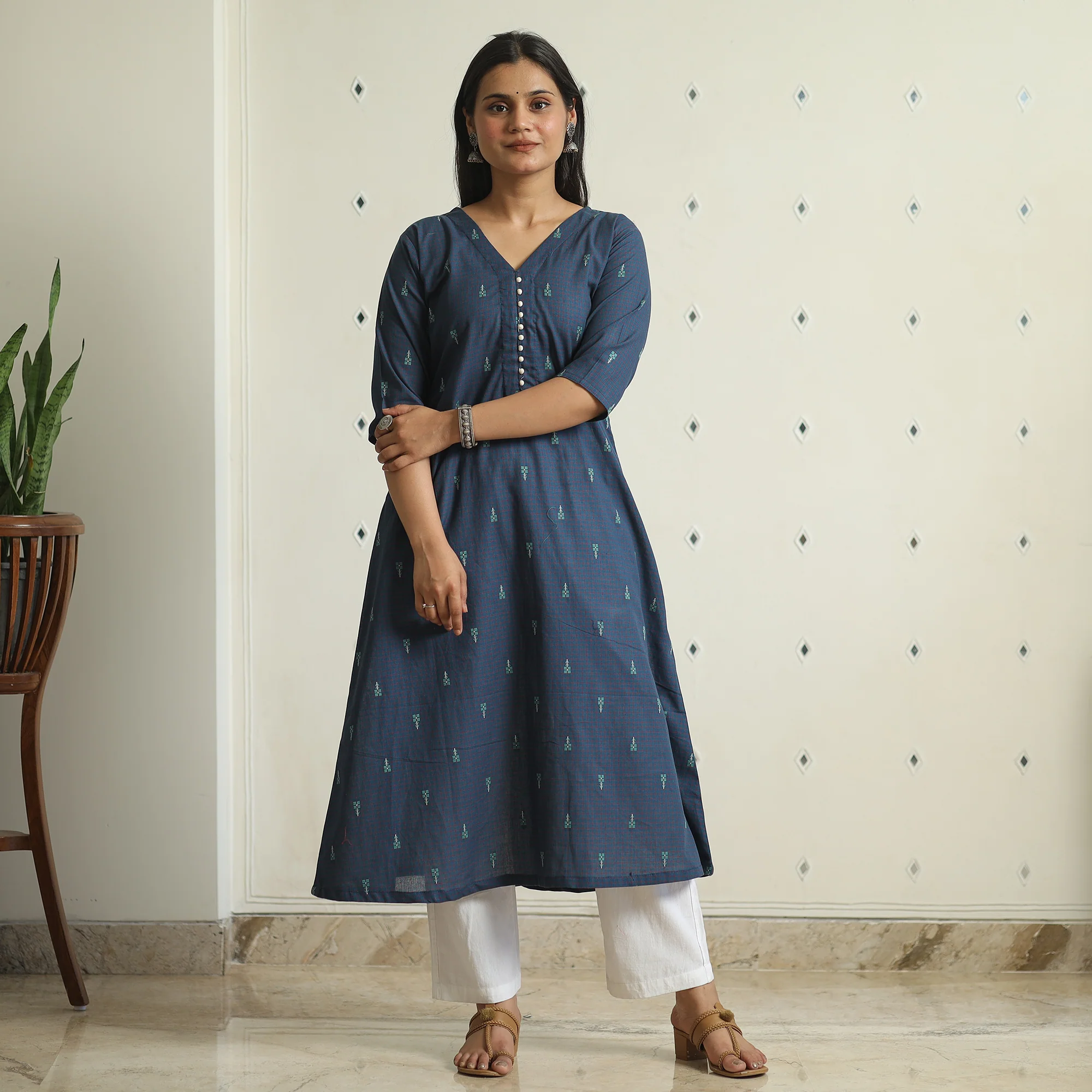 Blue - Jacquard Weave Cotton A-Line Kurta 17