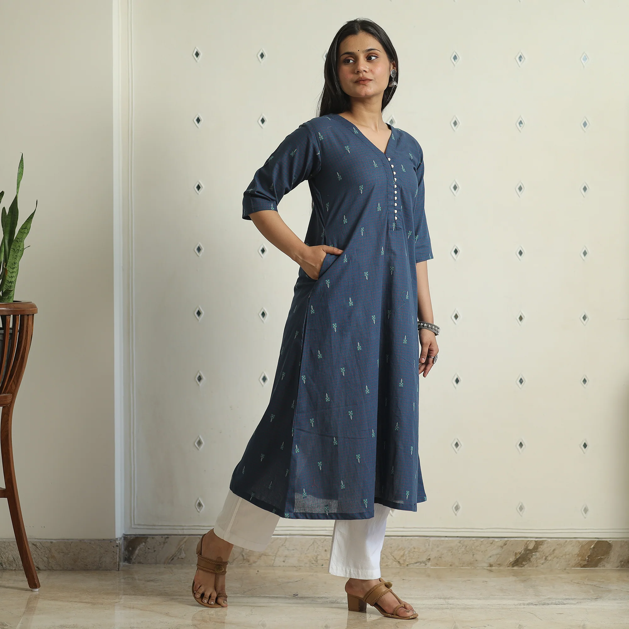 Blue - Jacquard Weave Cotton A-Line Kurta 17 - Image 2