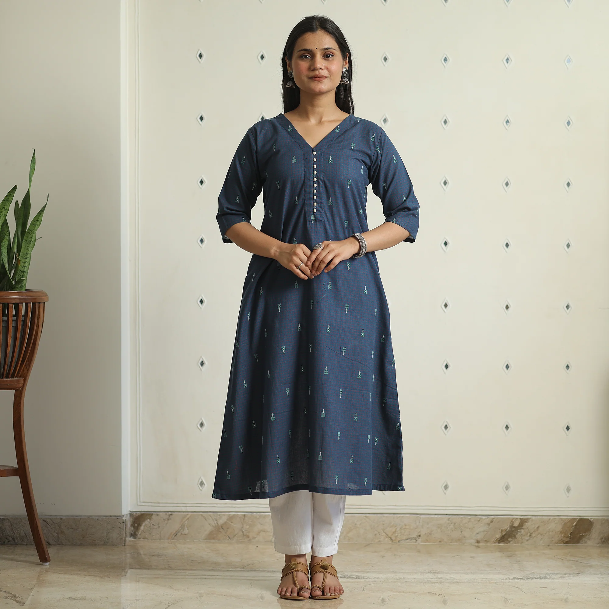 Blue - Jacquard Weave Cotton A-Line Kurta 17 - Image 3