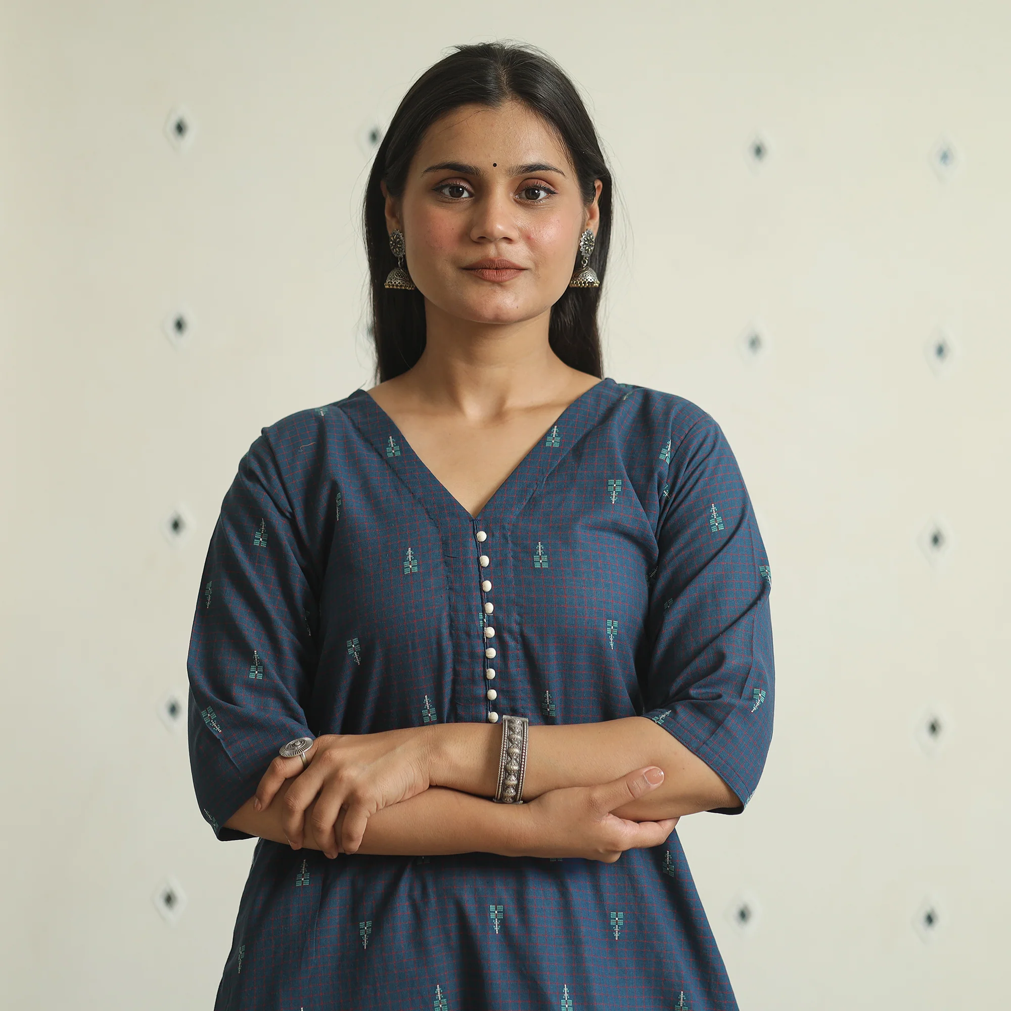 Blue - Jacquard Weave Cotton A-Line Kurta 17 - Image 4