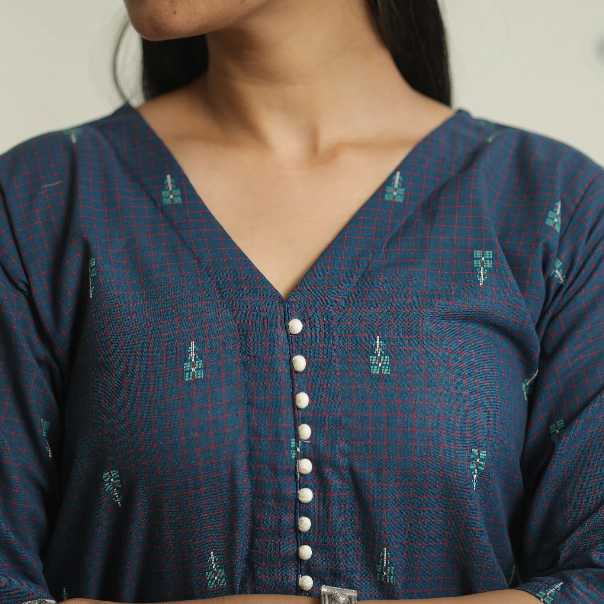 Blue - Jacquard Weave Cotton A-Line Kurta 17 - Image 5