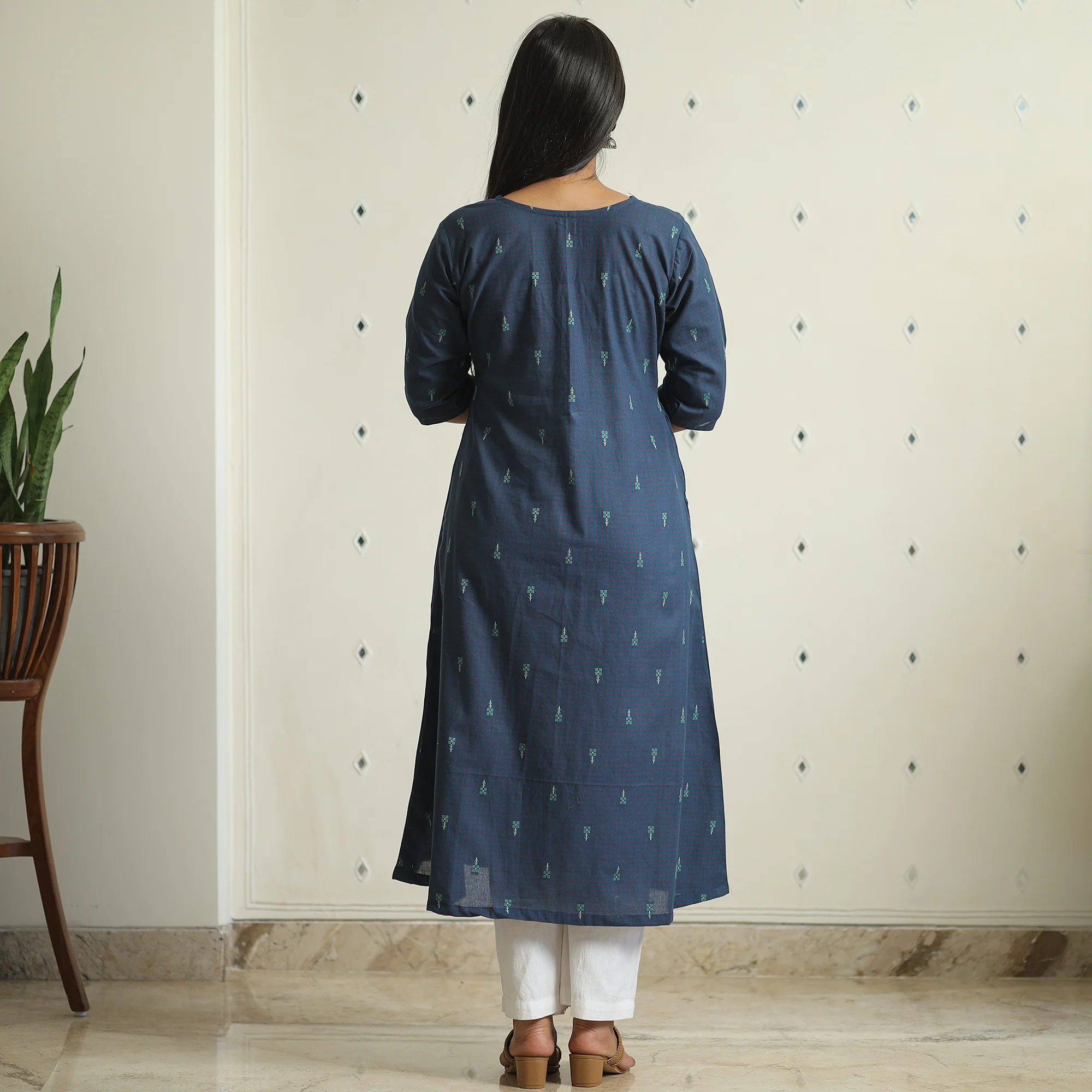 Blue - Jacquard Weave Cotton A-Line Kurta 17 - Image 7