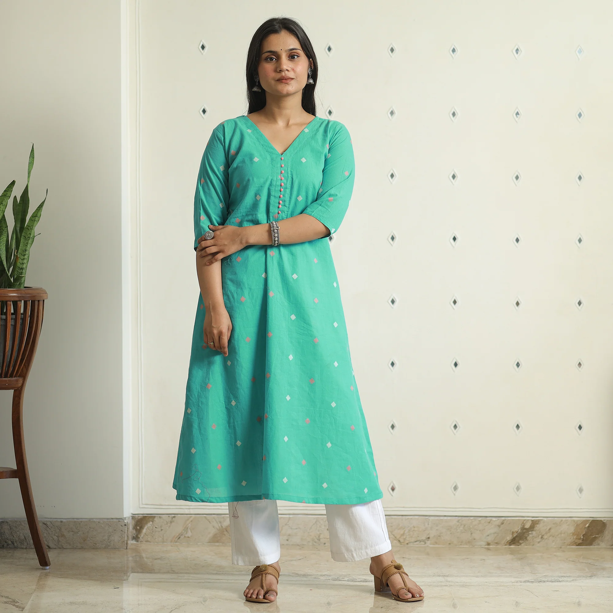 Green - Jacquard Weave Cotton A-Line Kurta 19