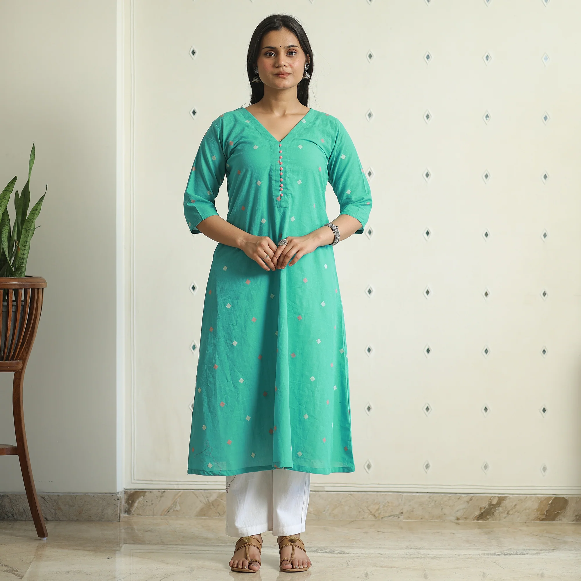 Green - Jacquard Weave Cotton A-Line Kurta 19 - Image 3