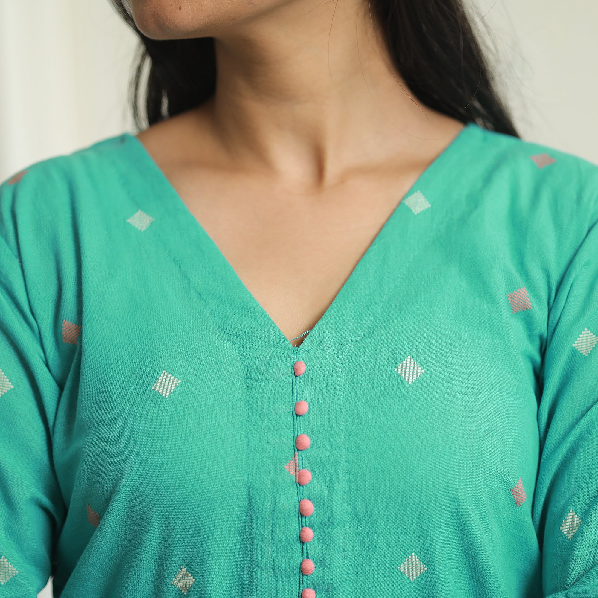 Green - Jacquard Weave Cotton A-Line Kurta 19 - Image 5