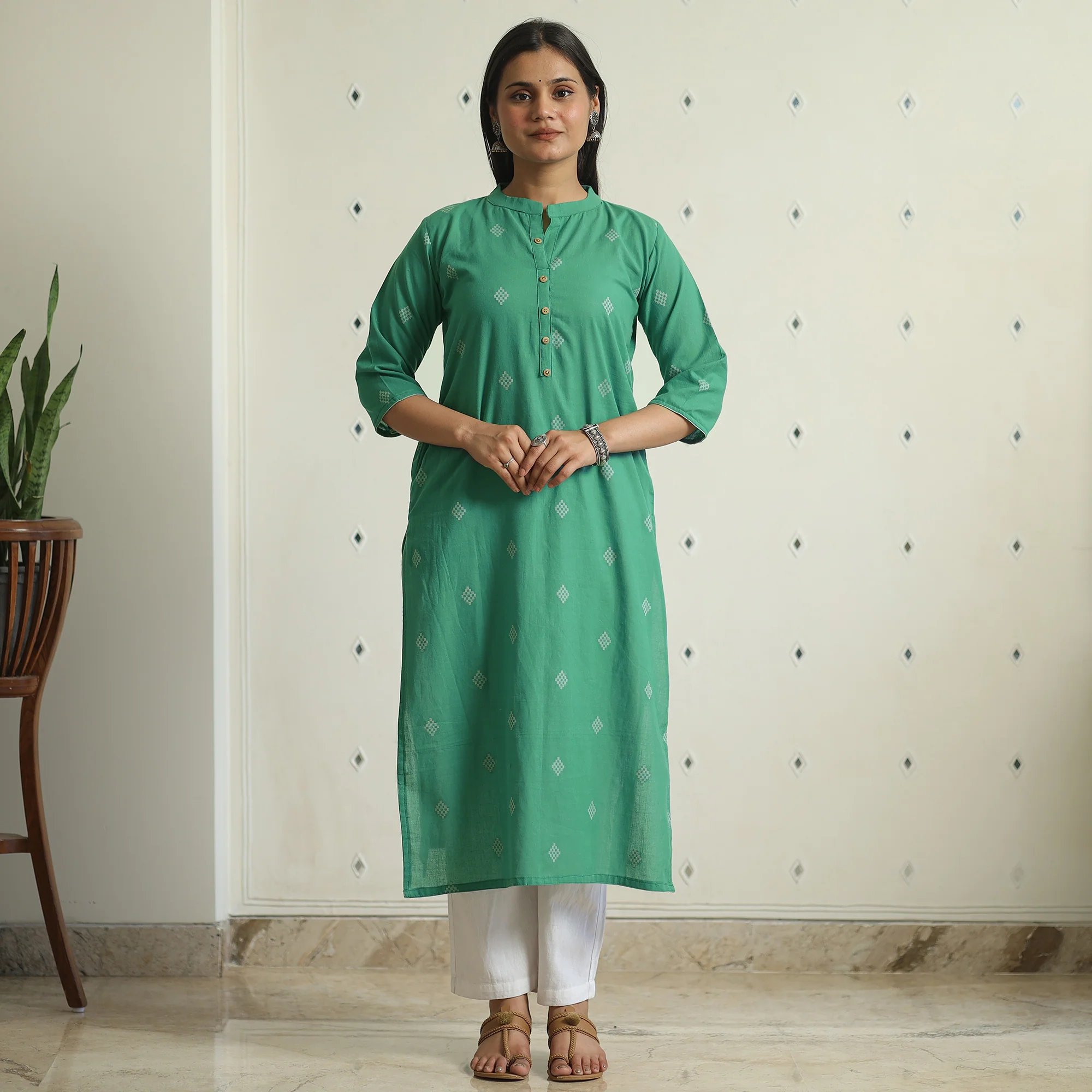 Green - Jacquard Weave Cotton Straight Kurta 04 - Image 3