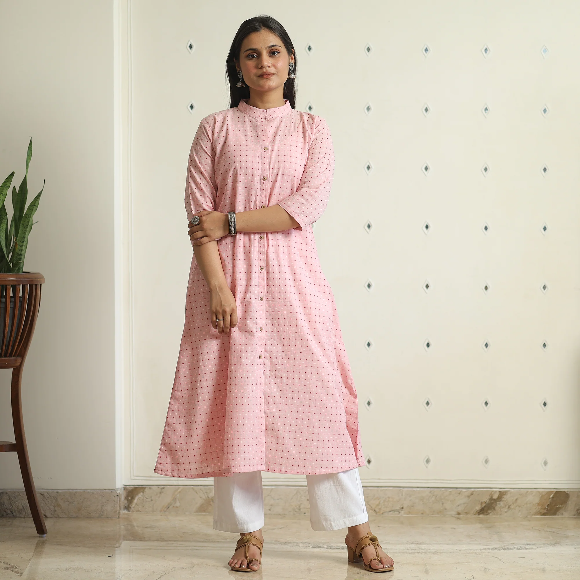 Pink - Jacquard Weave Cotton A-Line Kurta 06