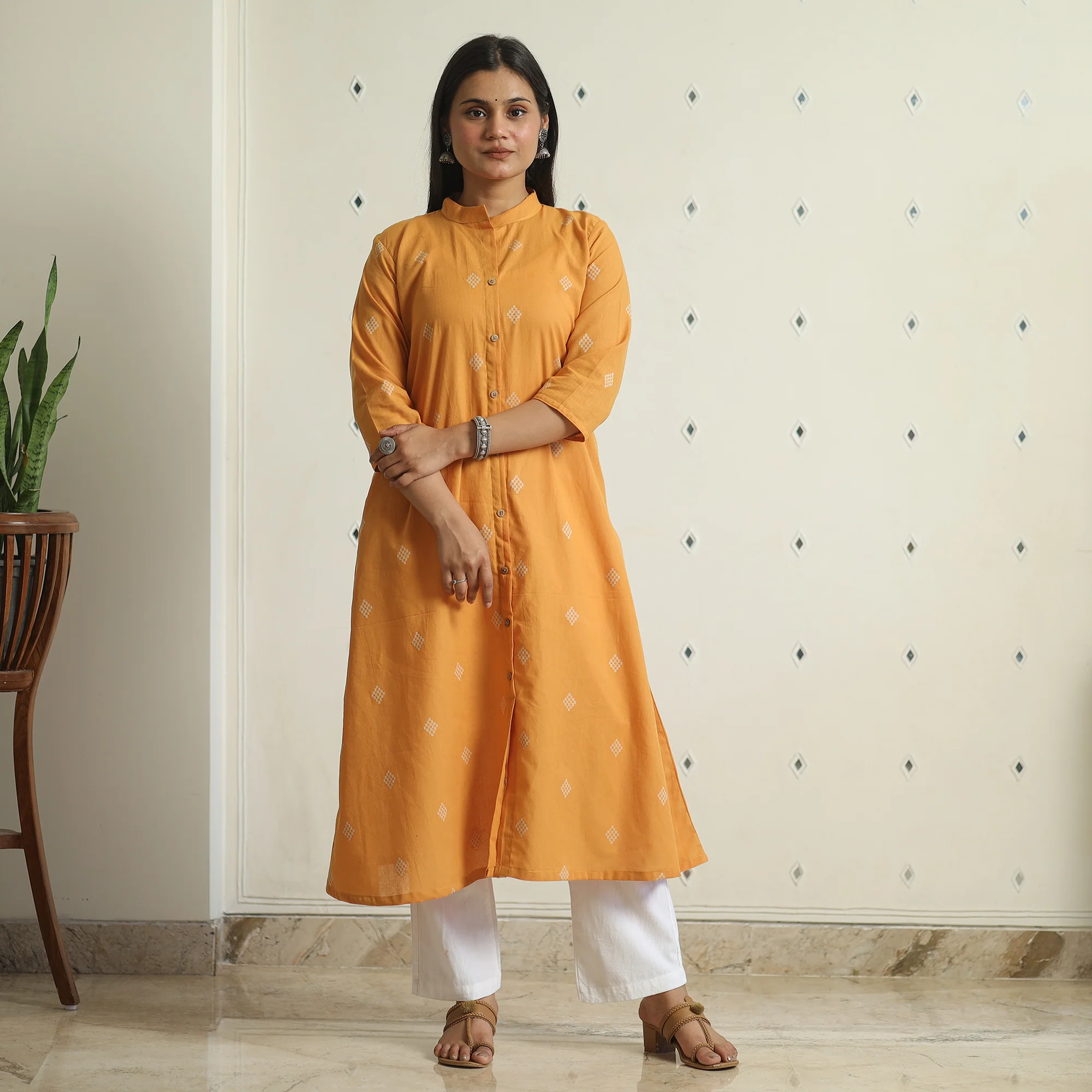 Orange - Jacquard Weave Cotton A-Line Kurta 09