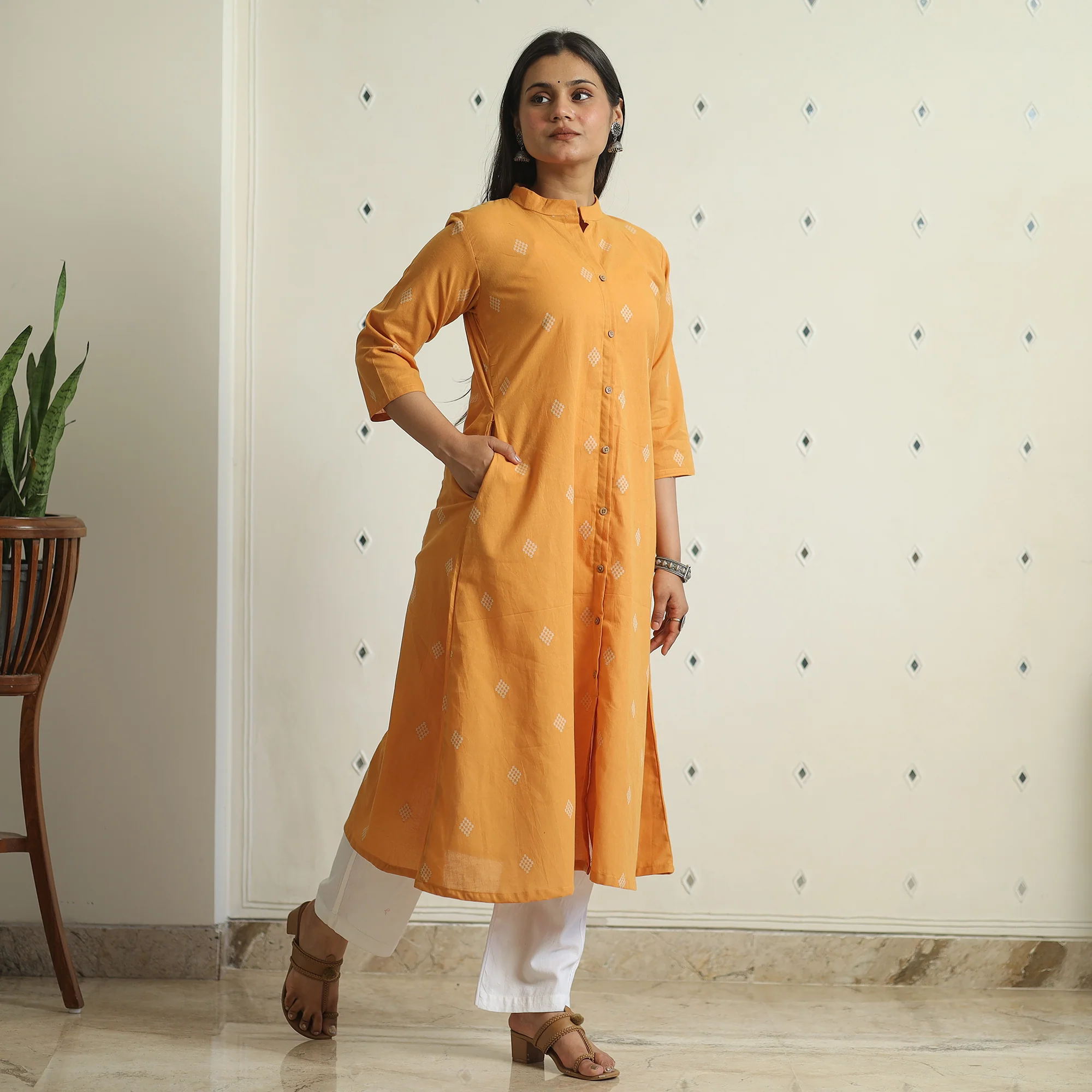 Orange - Jacquard Weave Cotton A-Line Kurta 09 - Image 2