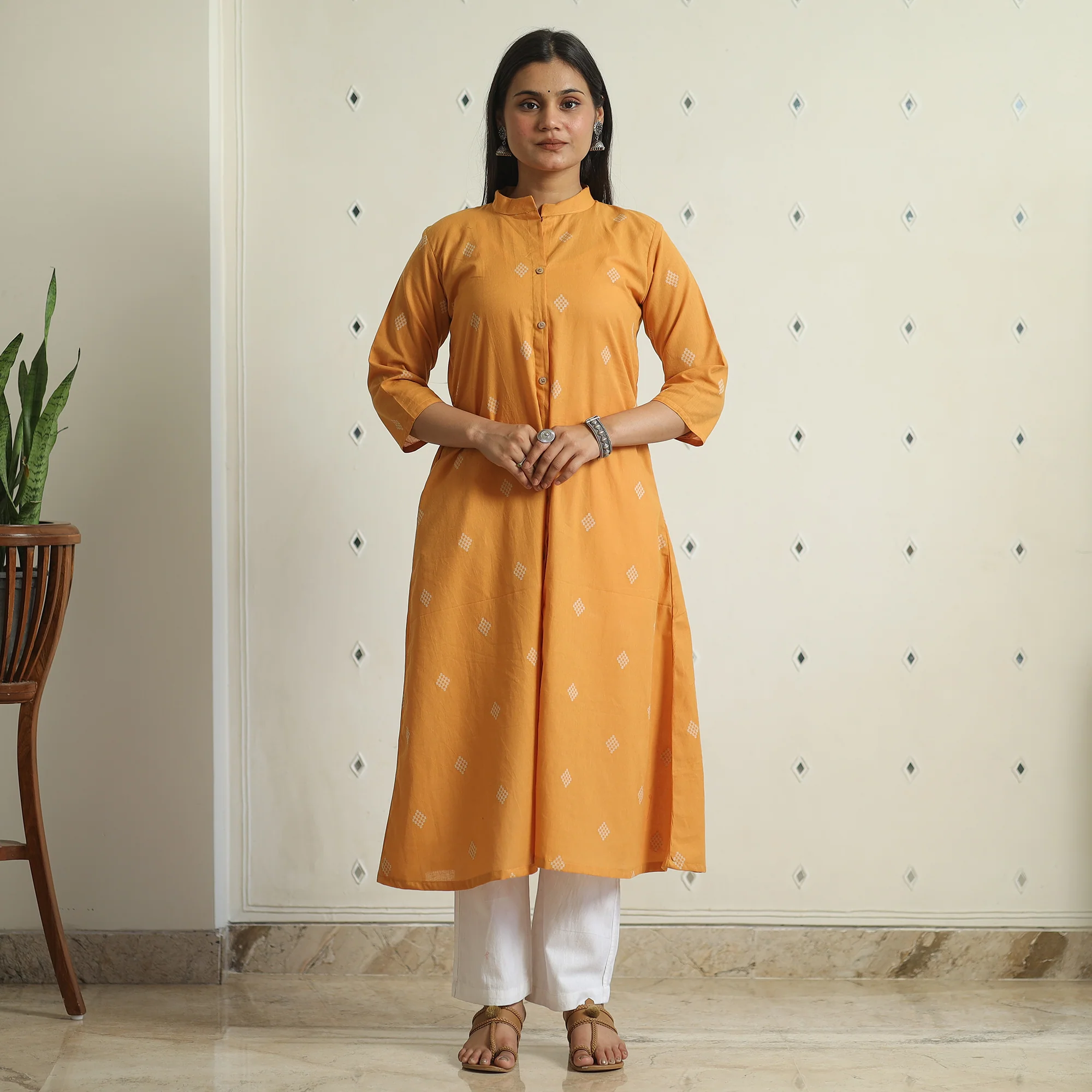 Orange - Jacquard Weave Cotton A-Line Kurta 09 - Image 3