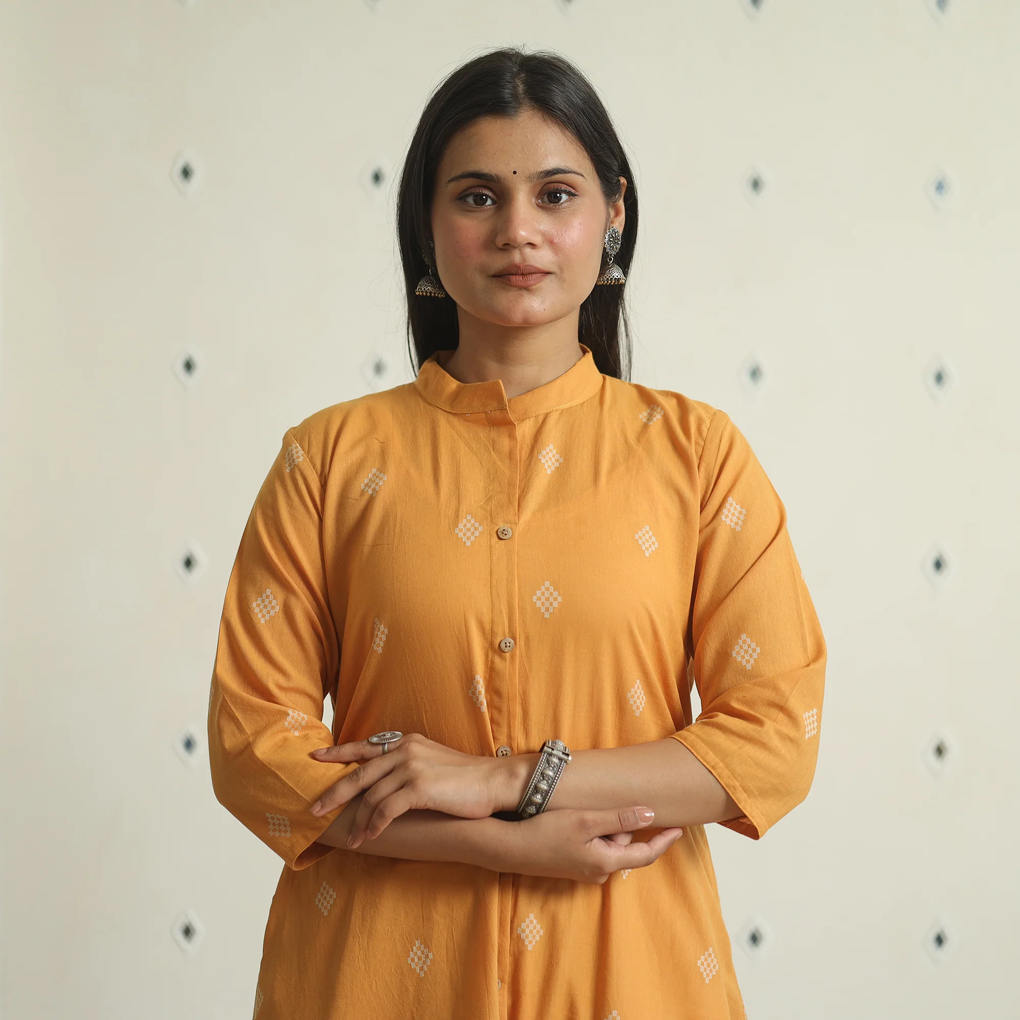 Orange - Jacquard Weave Cotton A-Line Kurta 09 - Image 4