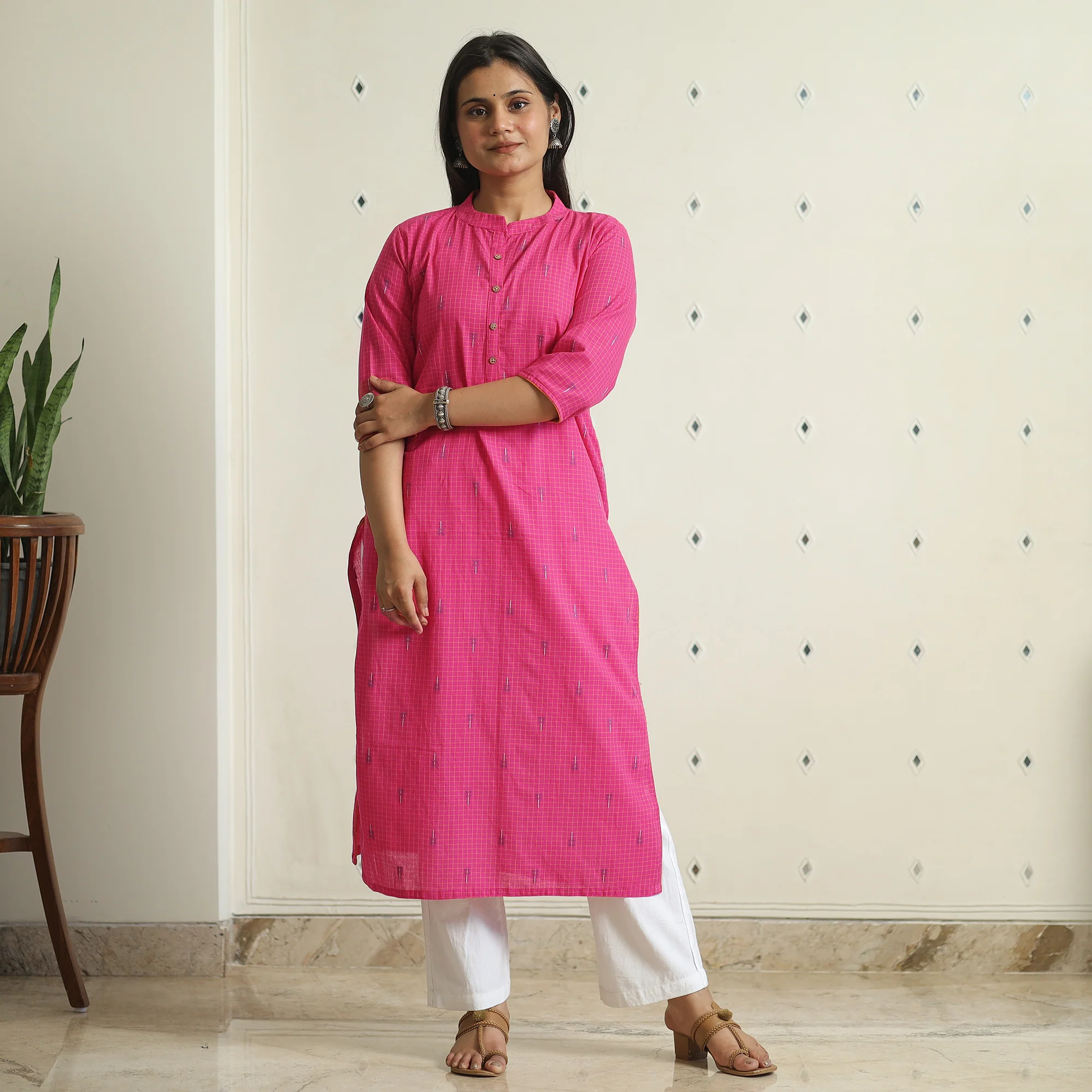 Pink - Jacquard Weave Cotton Straight Kurta 10