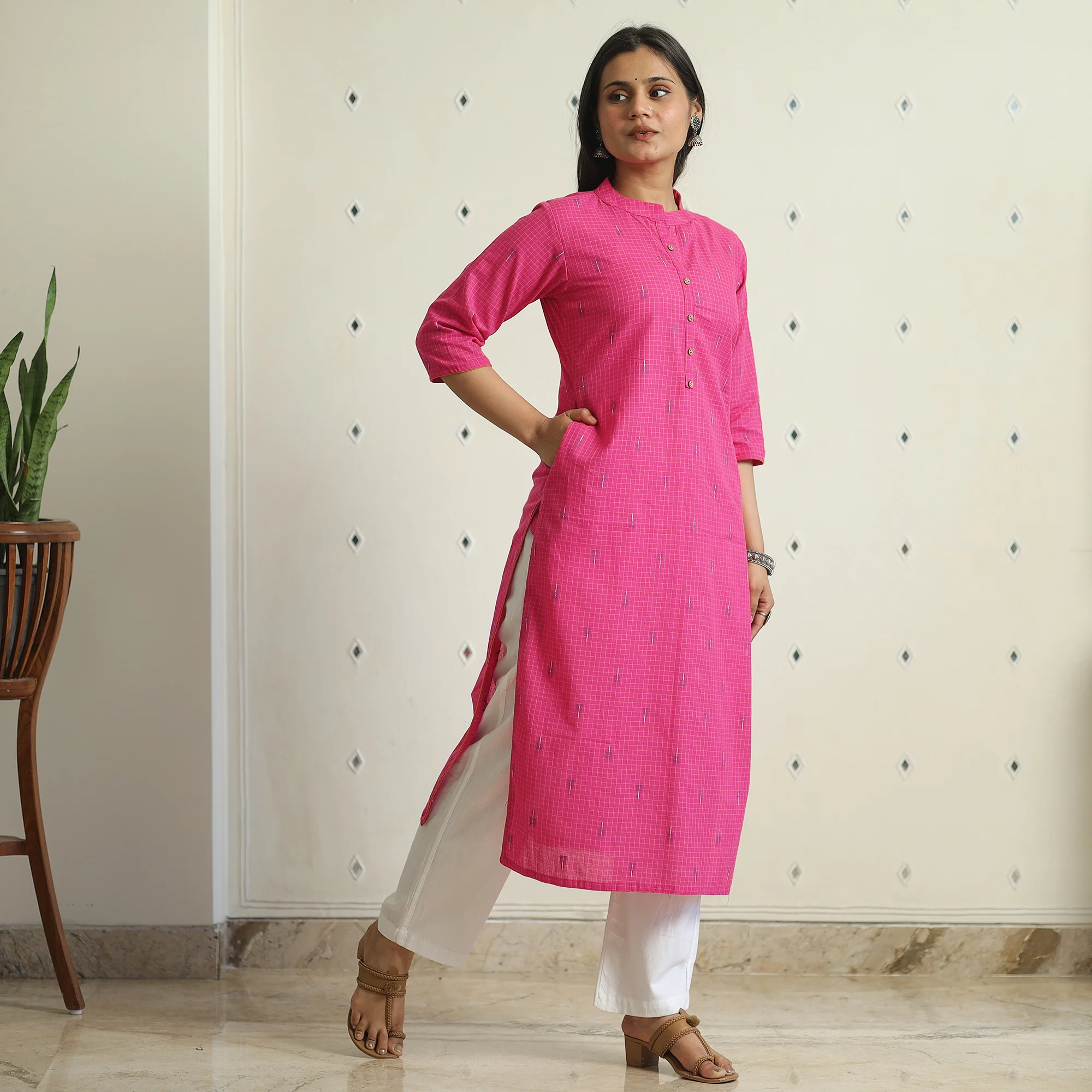 Pink - Jacquard Weave Cotton Straight Kurta 10 - Image 2