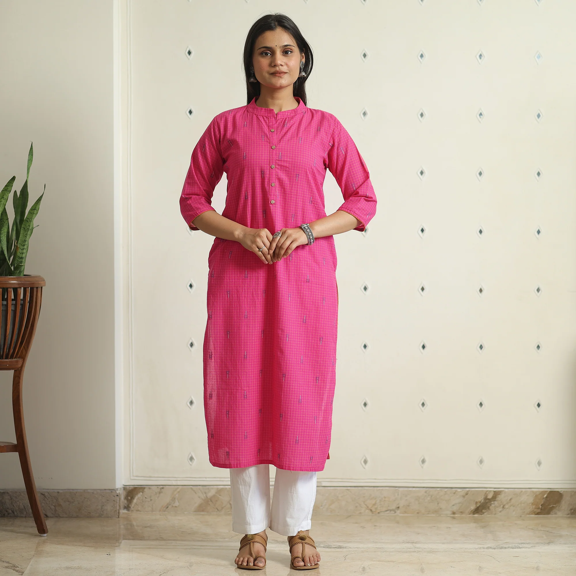 Pink - Jacquard Weave Cotton Straight Kurta 10 - Image 3