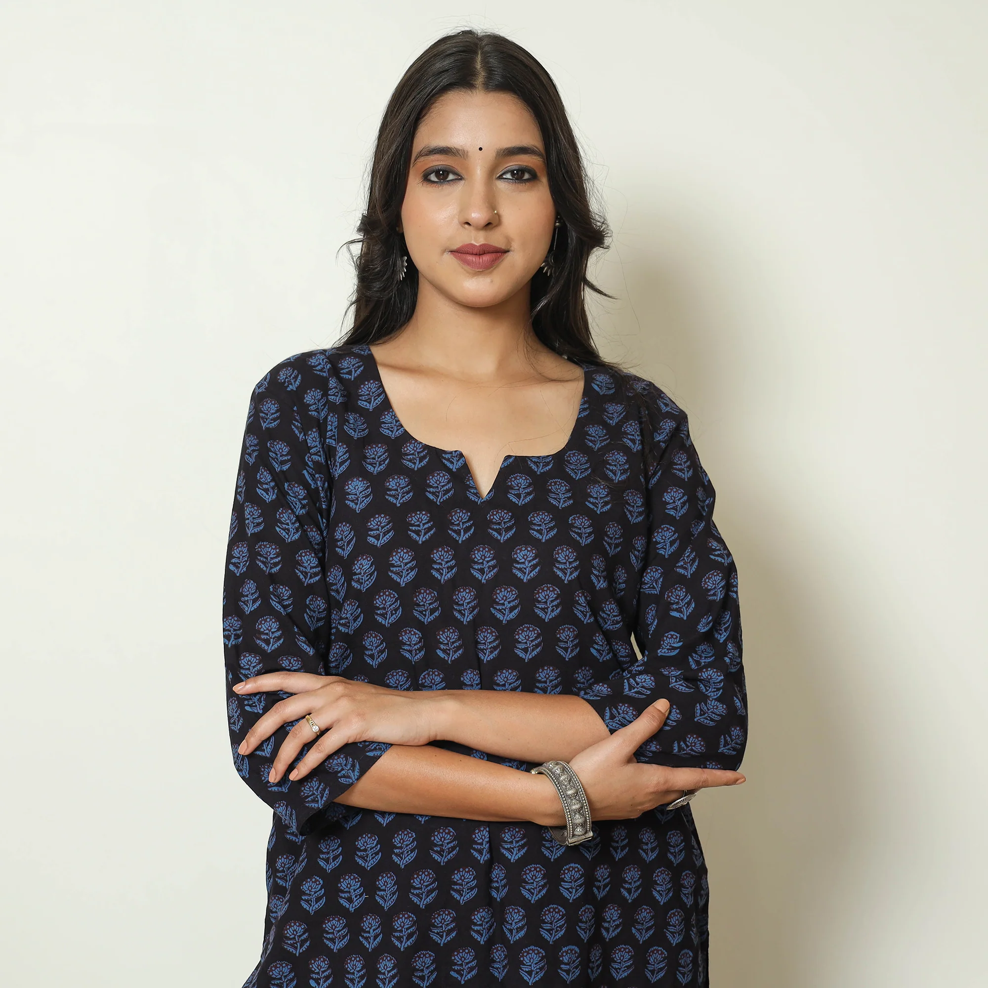 Blue - Bagh Block Printed Cotton Kurta with Palazzo & Dupatta Set 19 - Image 4