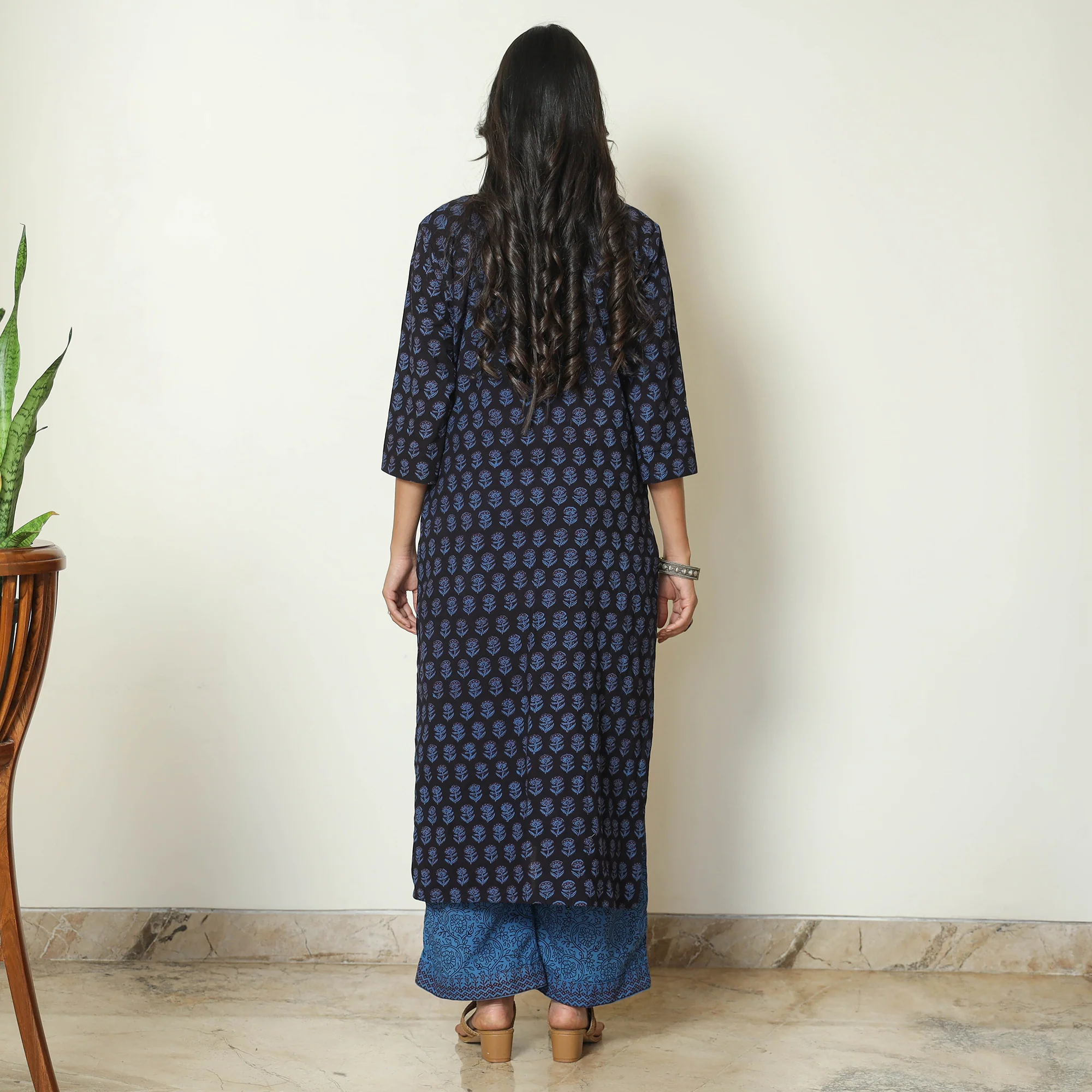 Blue - Bagh Block Printed Cotton Kurta with Palazzo & Dupatta Set 19 - Image 8