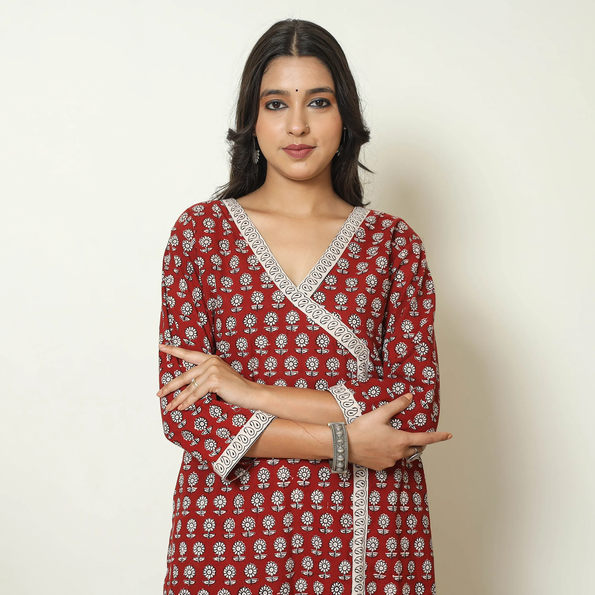 Red - Bagh Block Printed Cotton Kurta with Palazzo & Dupatta Set 04 - Image 4