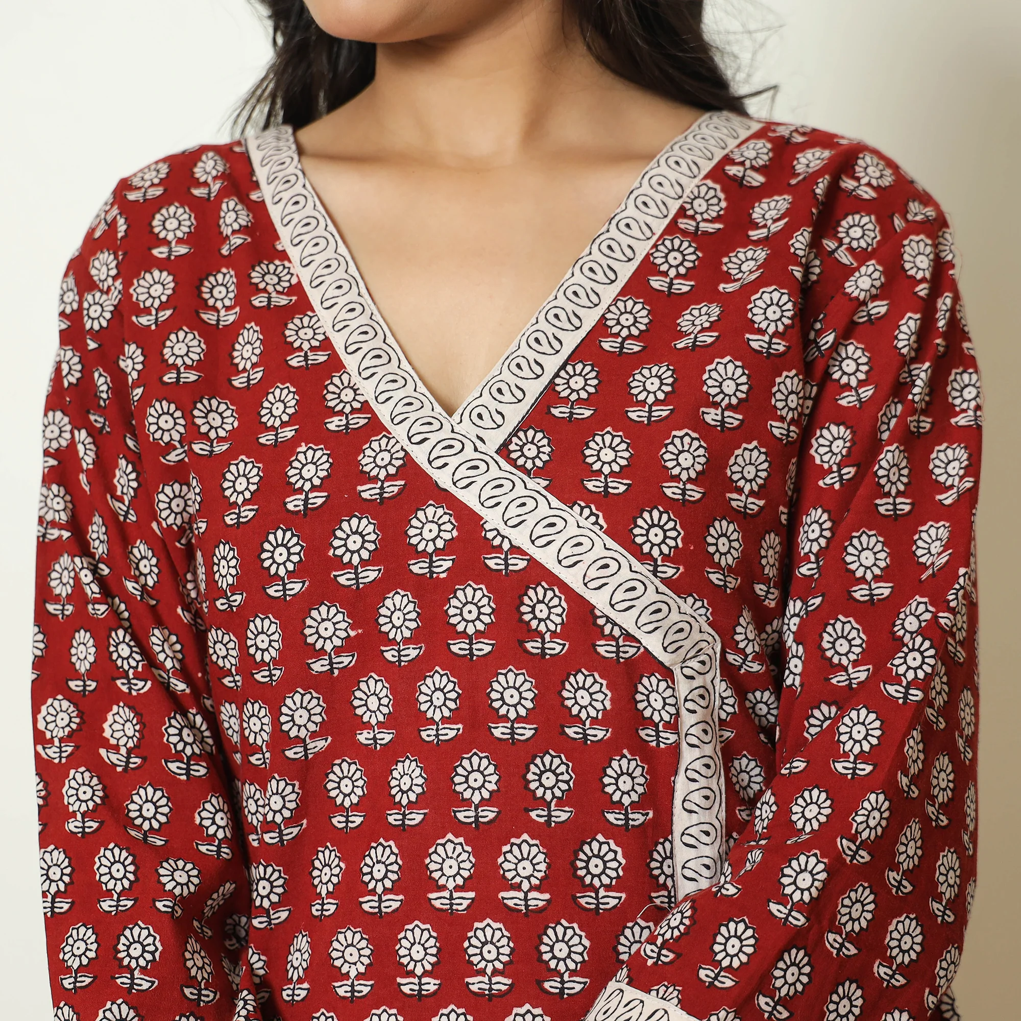 Red - Bagh Block Printed Cotton Kurta with Palazzo & Dupatta Set 04 - Image 5