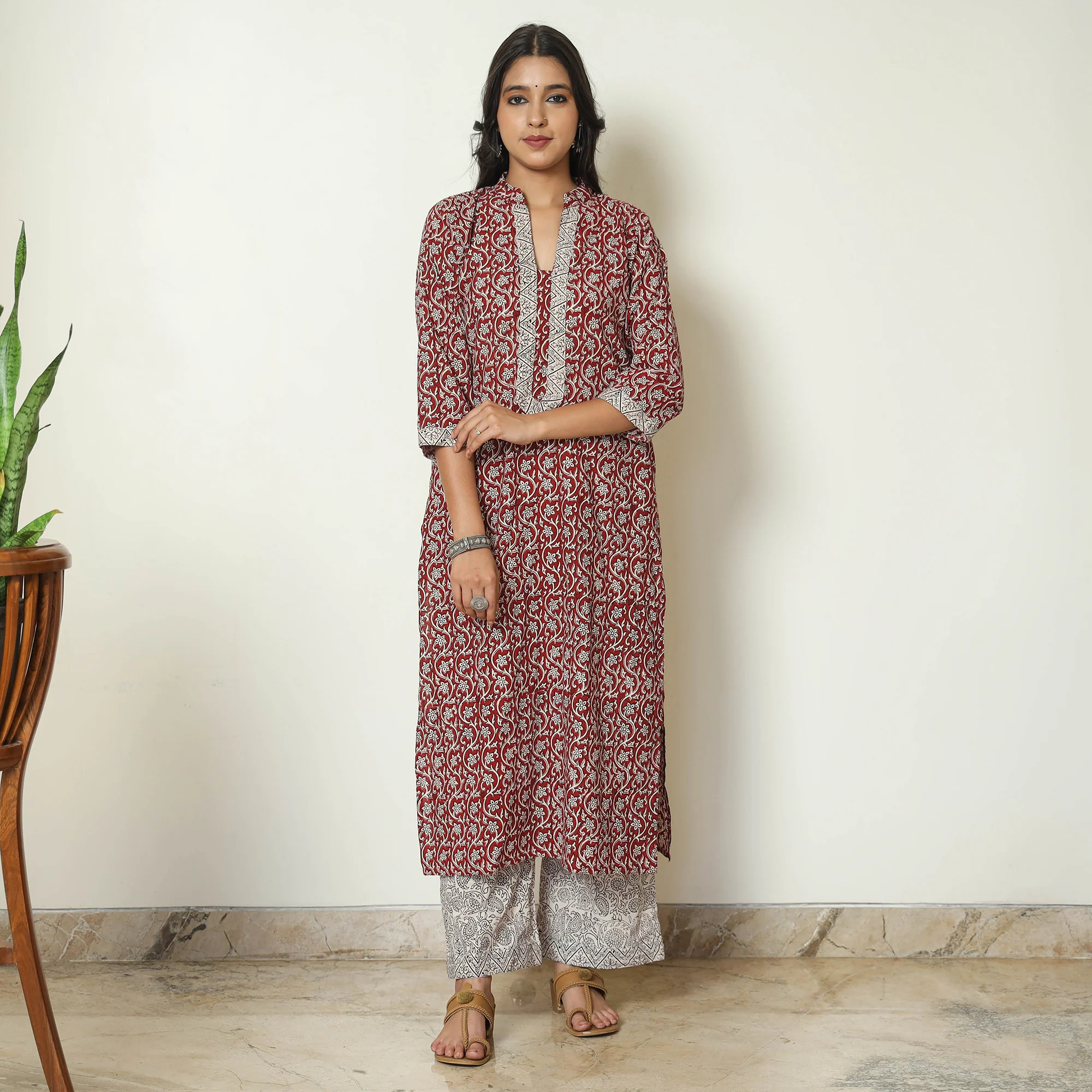 Red - Bagh Block Printed Cotton Kurta with Palazzo & Dupatta Set 08 - Image 3