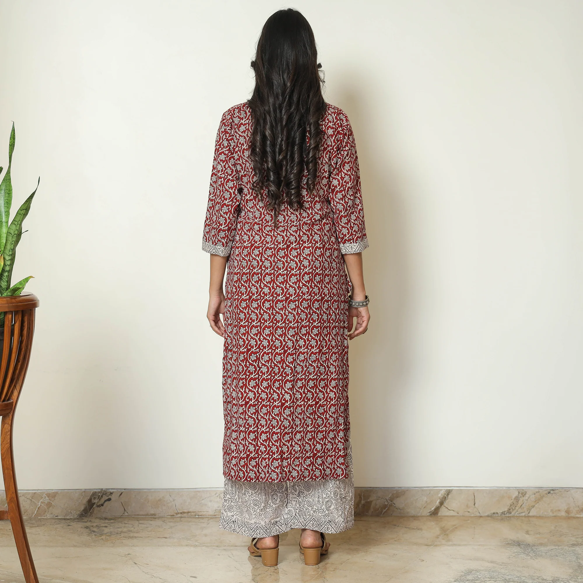 Red - Bagh Block Printed Cotton Kurta with Palazzo & Dupatta Set 08 - Image 8