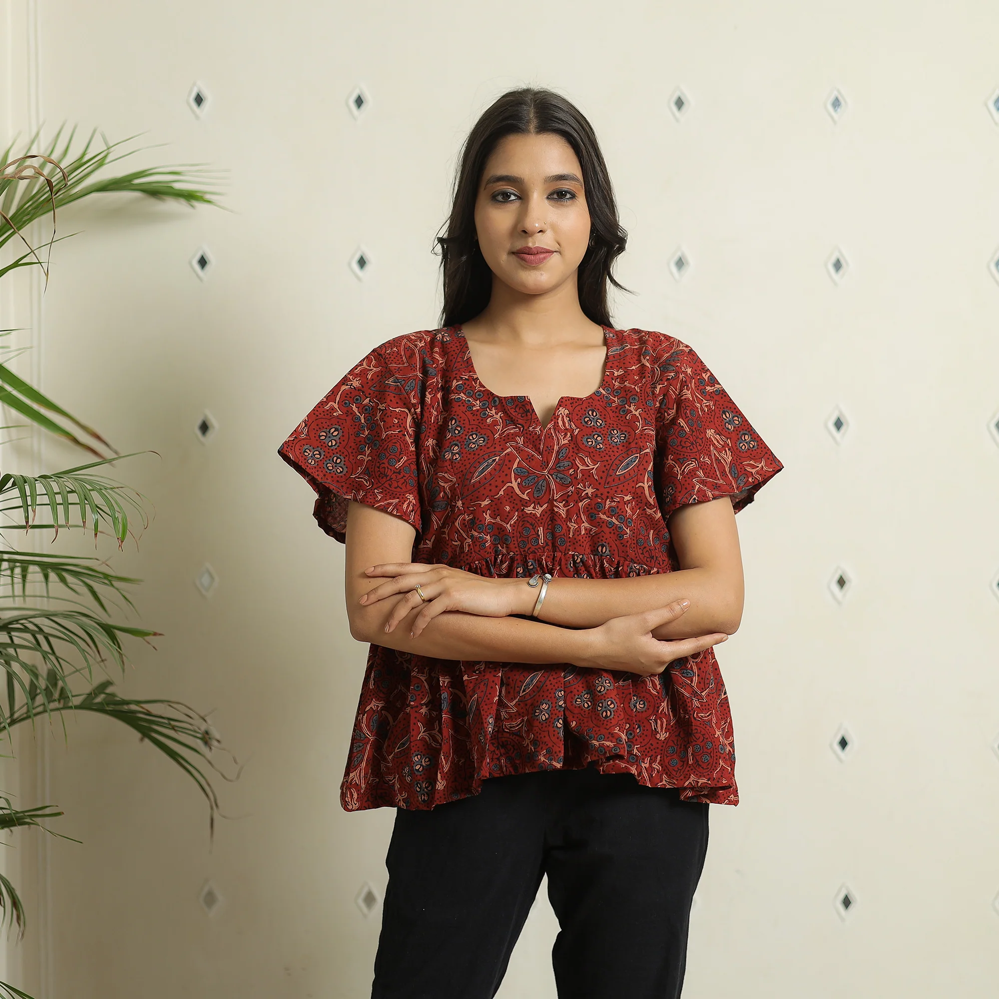 Red - Ajrakh Block Printed Cotton Crop Top 09 - Image 3