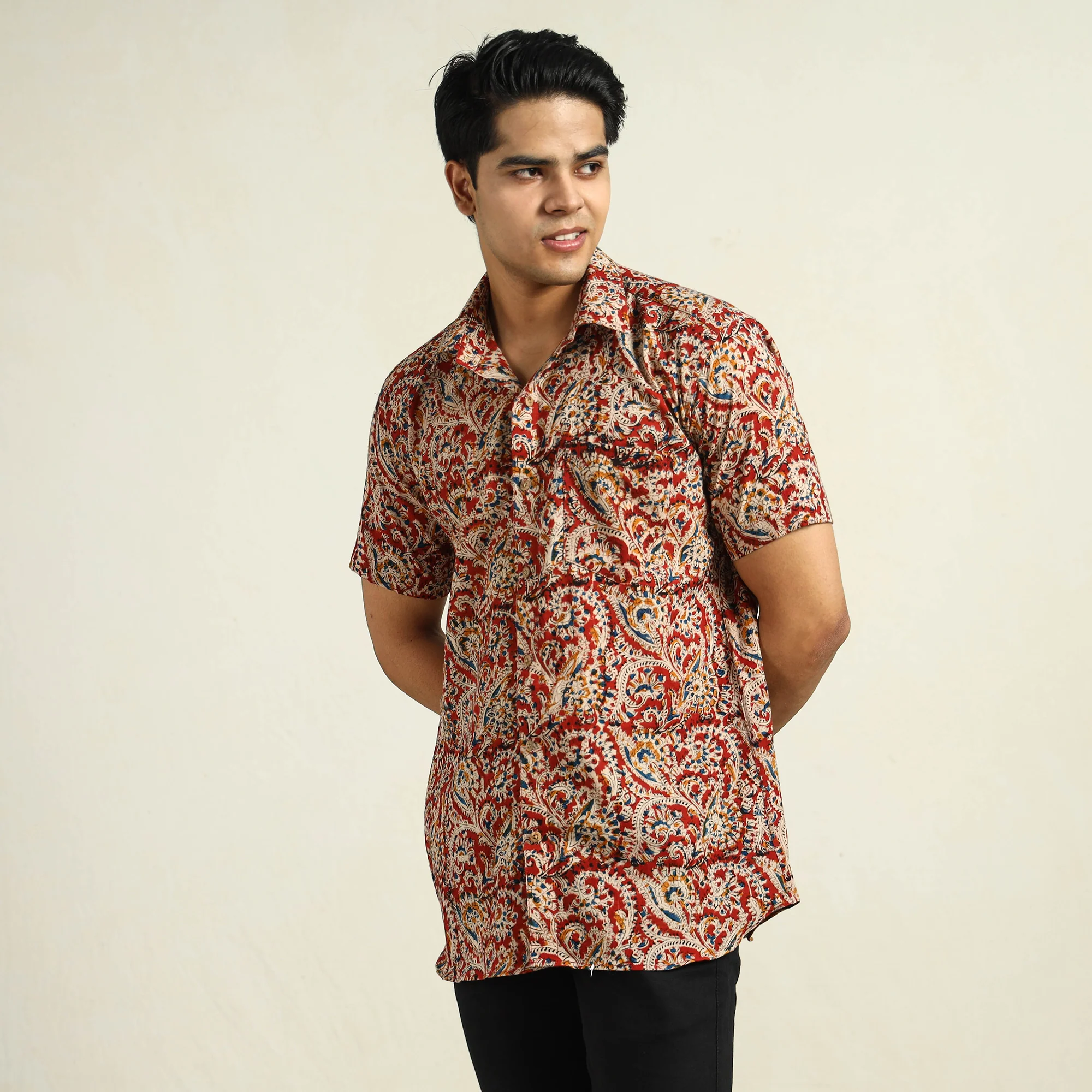 Red - Kalamkari Block Printed Cotton Men Half Sleeve Shirt 02