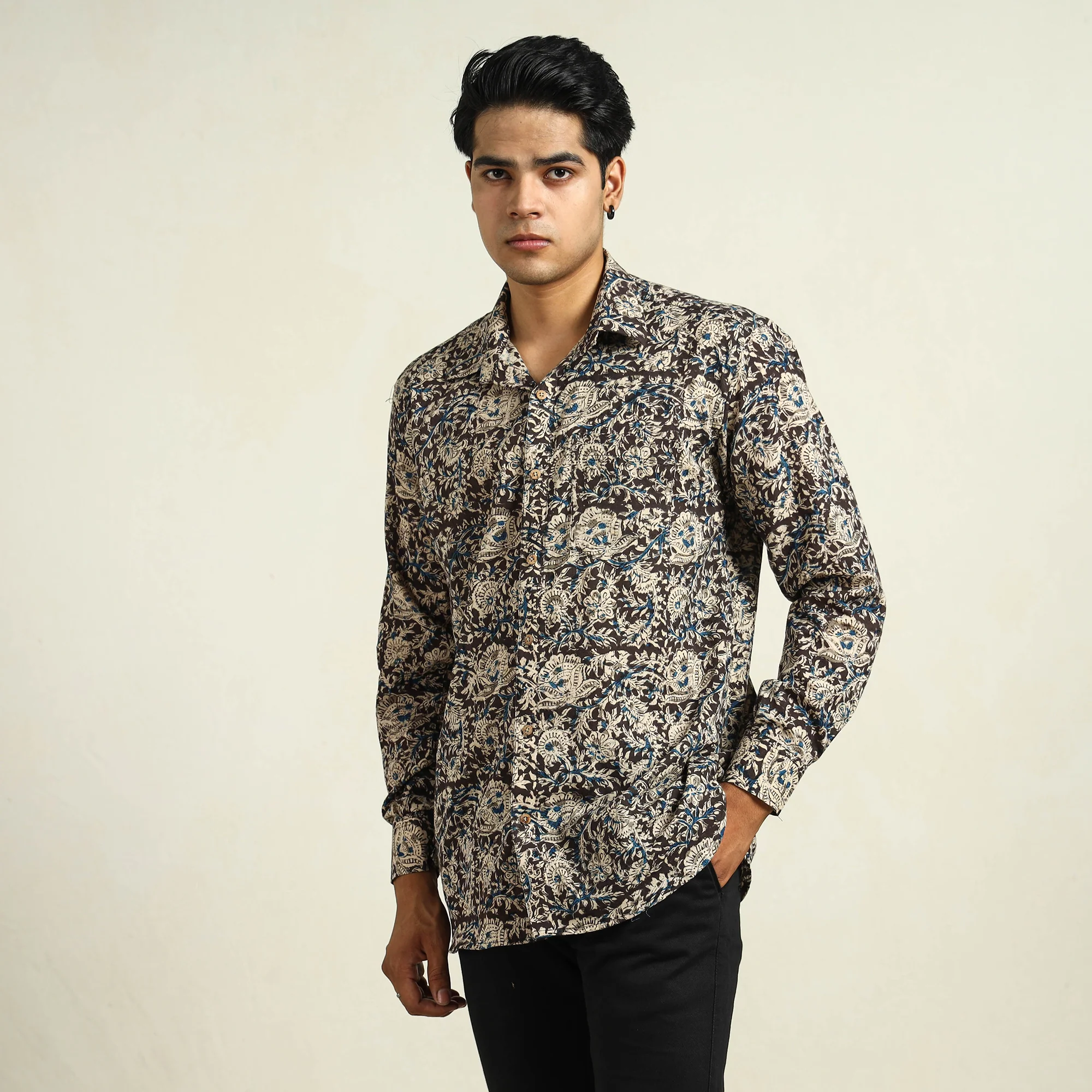 Black - Kalamkari Block Printed Cotton Men Full Sleeve Shirt 15 - Image 2