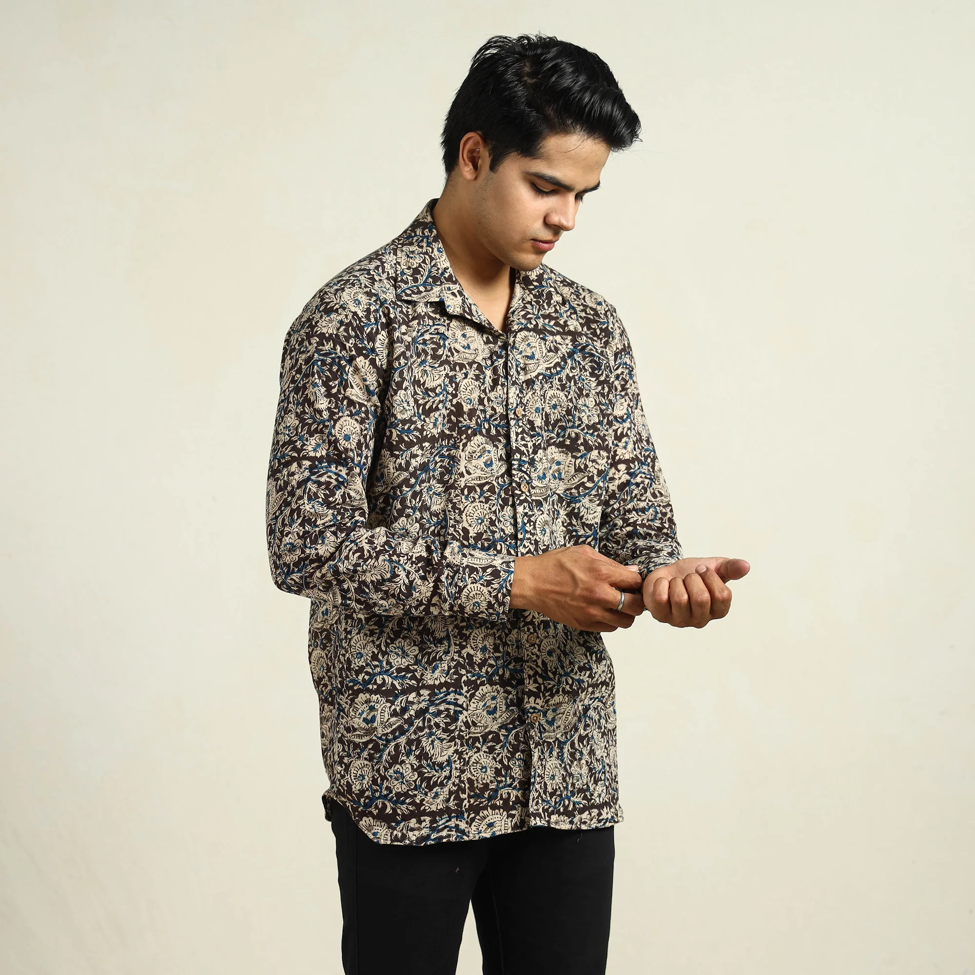 Black - Kalamkari Block Printed Cotton Men Full Sleeve Shirt 15 - Image 3