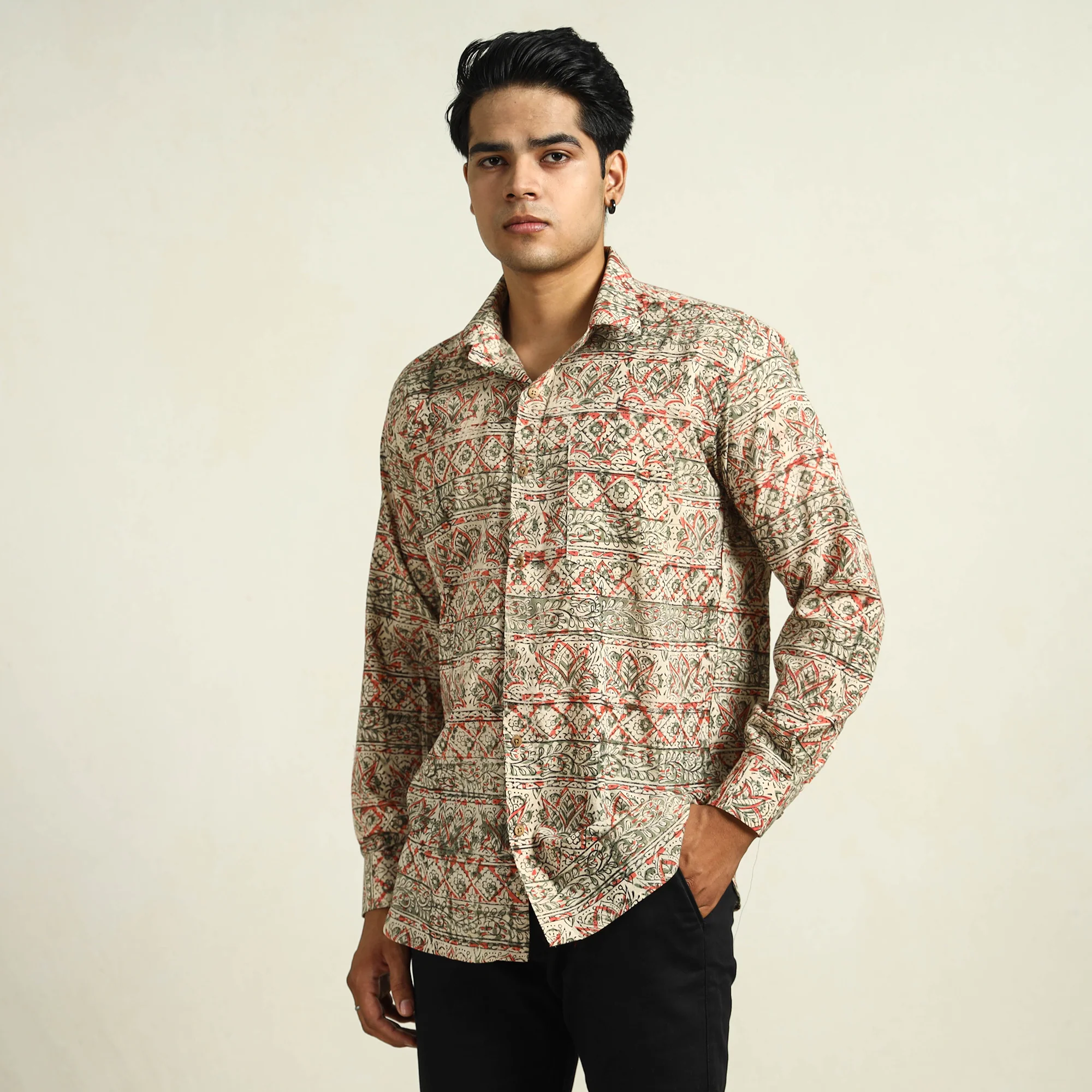 Beige - Kalamkari Block Printed Cotton Men Full Sleeve Shirt 09