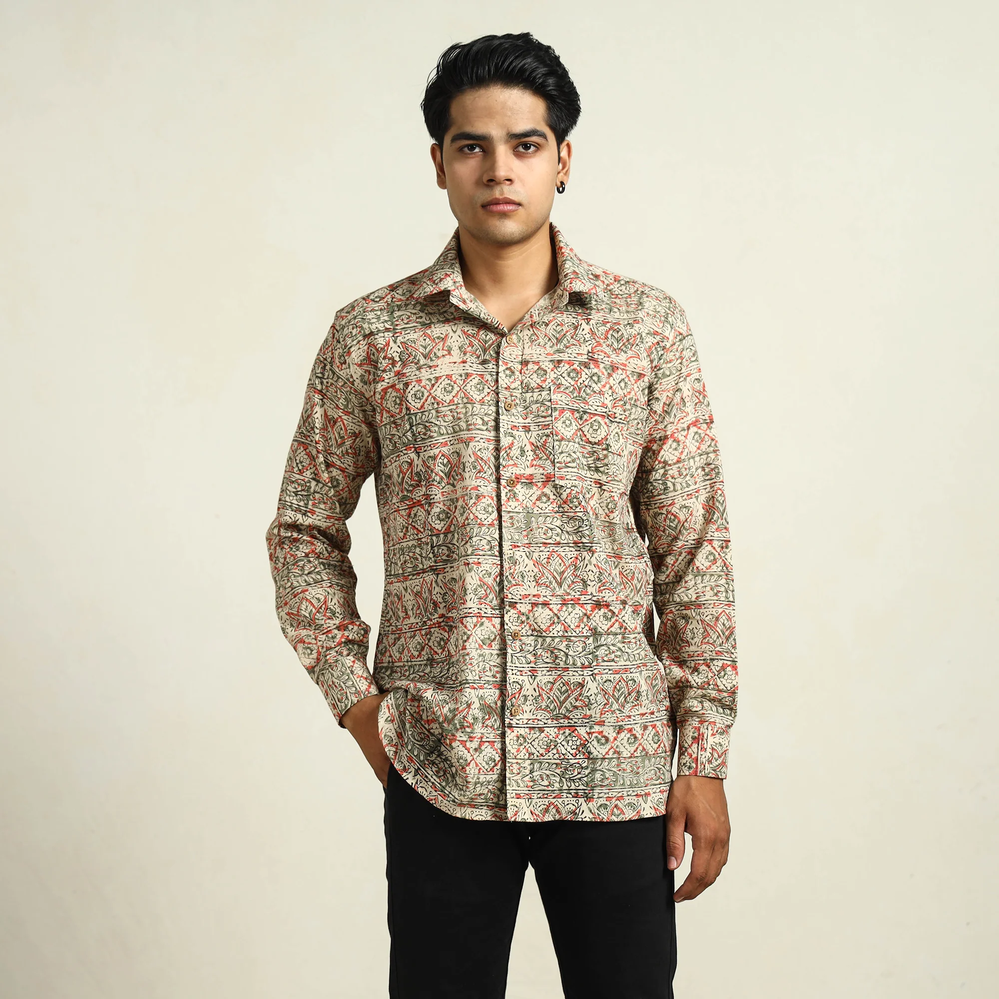Beige - Kalamkari Block Printed Cotton Men Full Sleeve Shirt 09 - Image 2