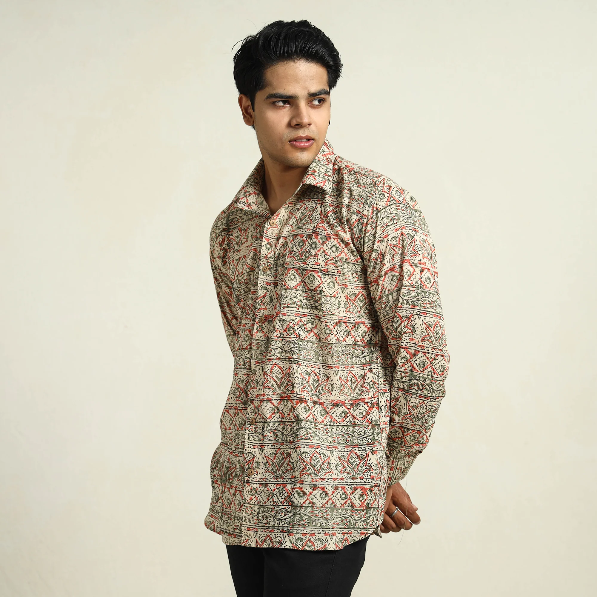 Beige - Kalamkari Block Printed Cotton Men Full Sleeve Shirt 09 - Image 3