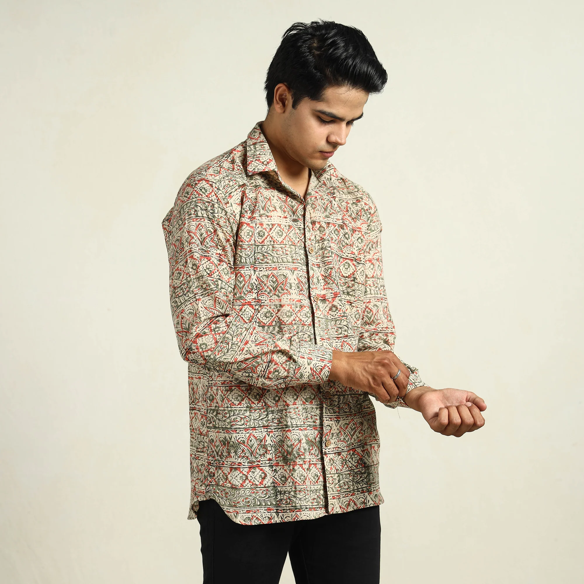 Beige - Kalamkari Block Printed Cotton Men Full Sleeve Shirt 09 - Image 4