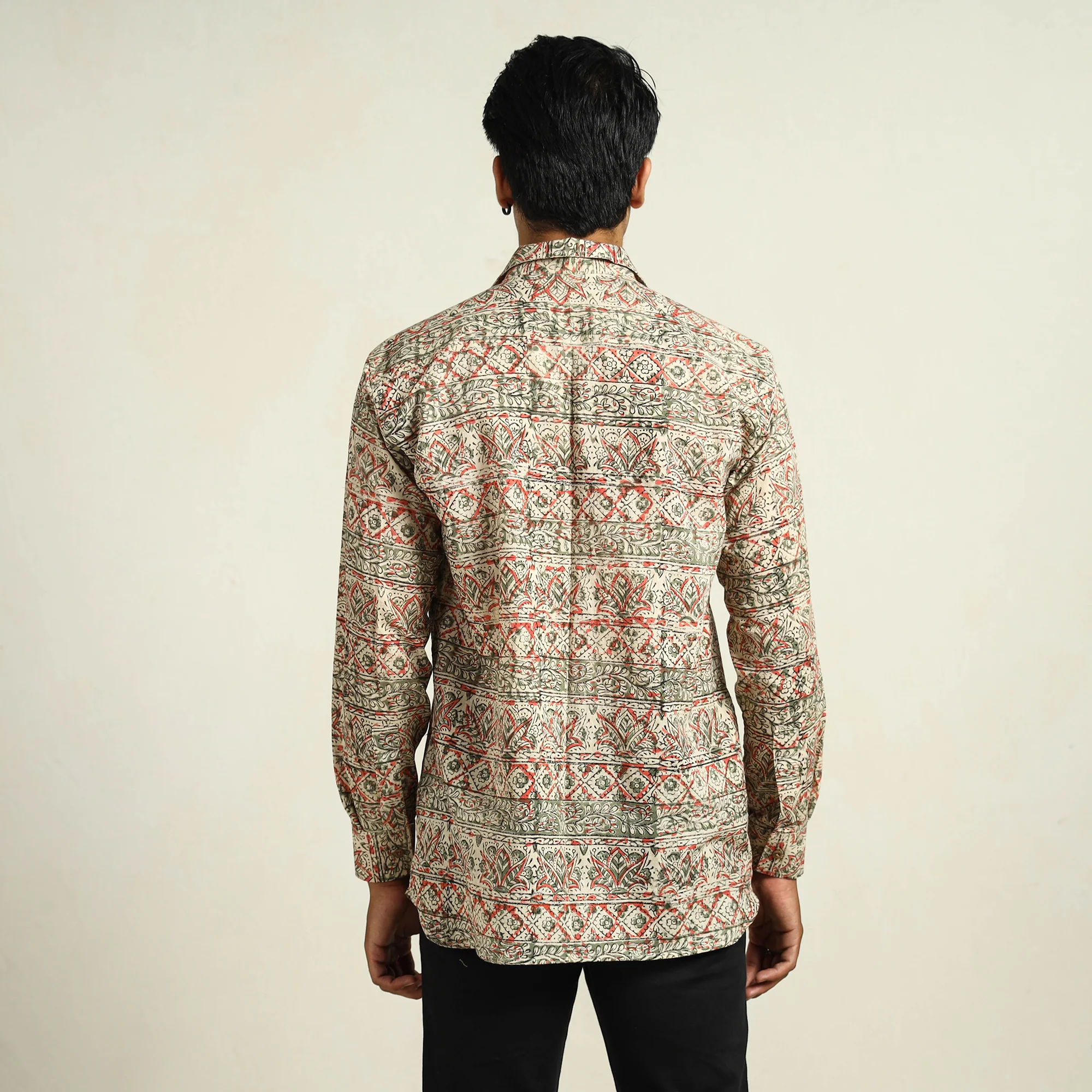 Beige - Kalamkari Block Printed Cotton Men Full Sleeve Shirt 09 - Image 5