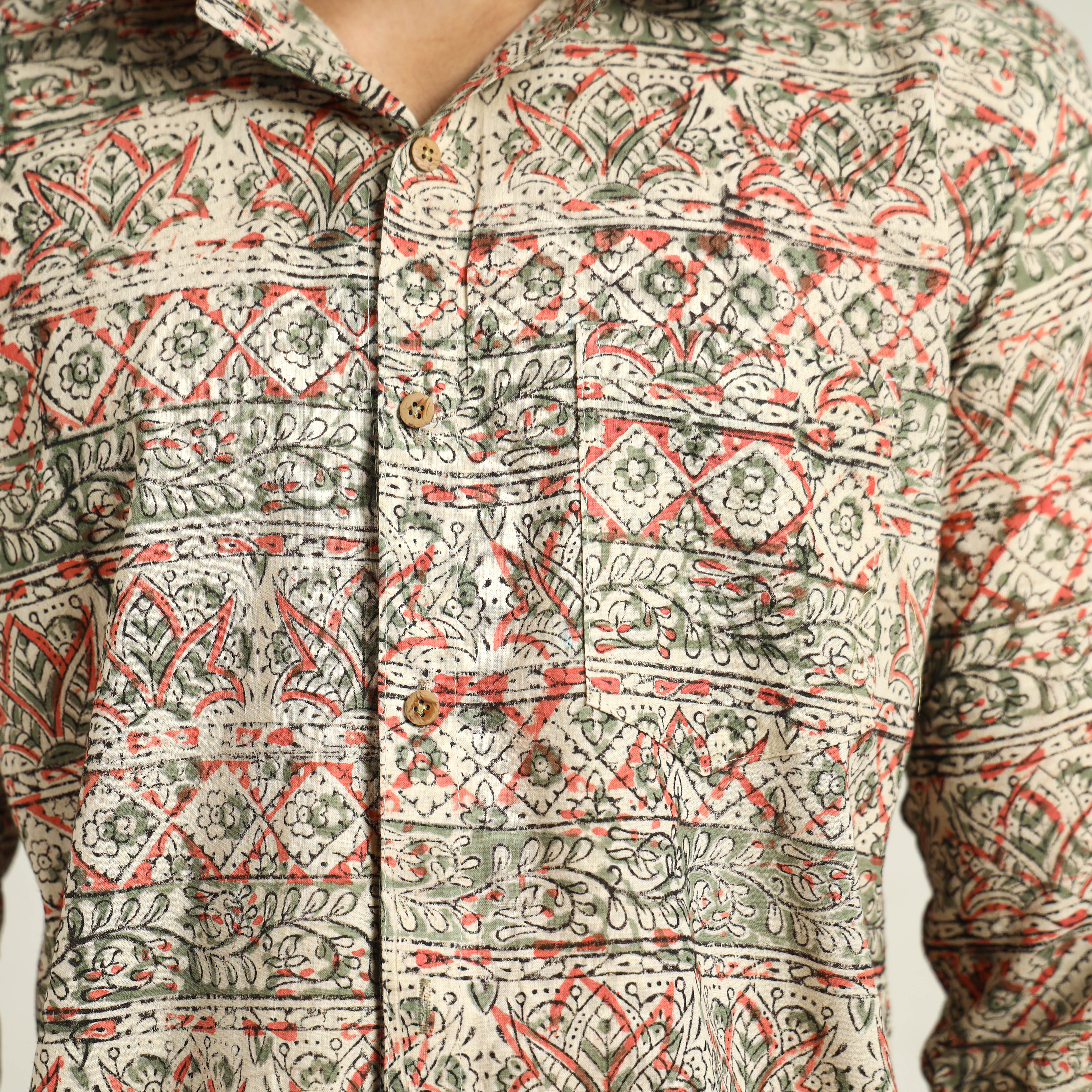 Beige - Kalamkari Block Printed Cotton Men Full Sleeve Shirt 09 - Image 6