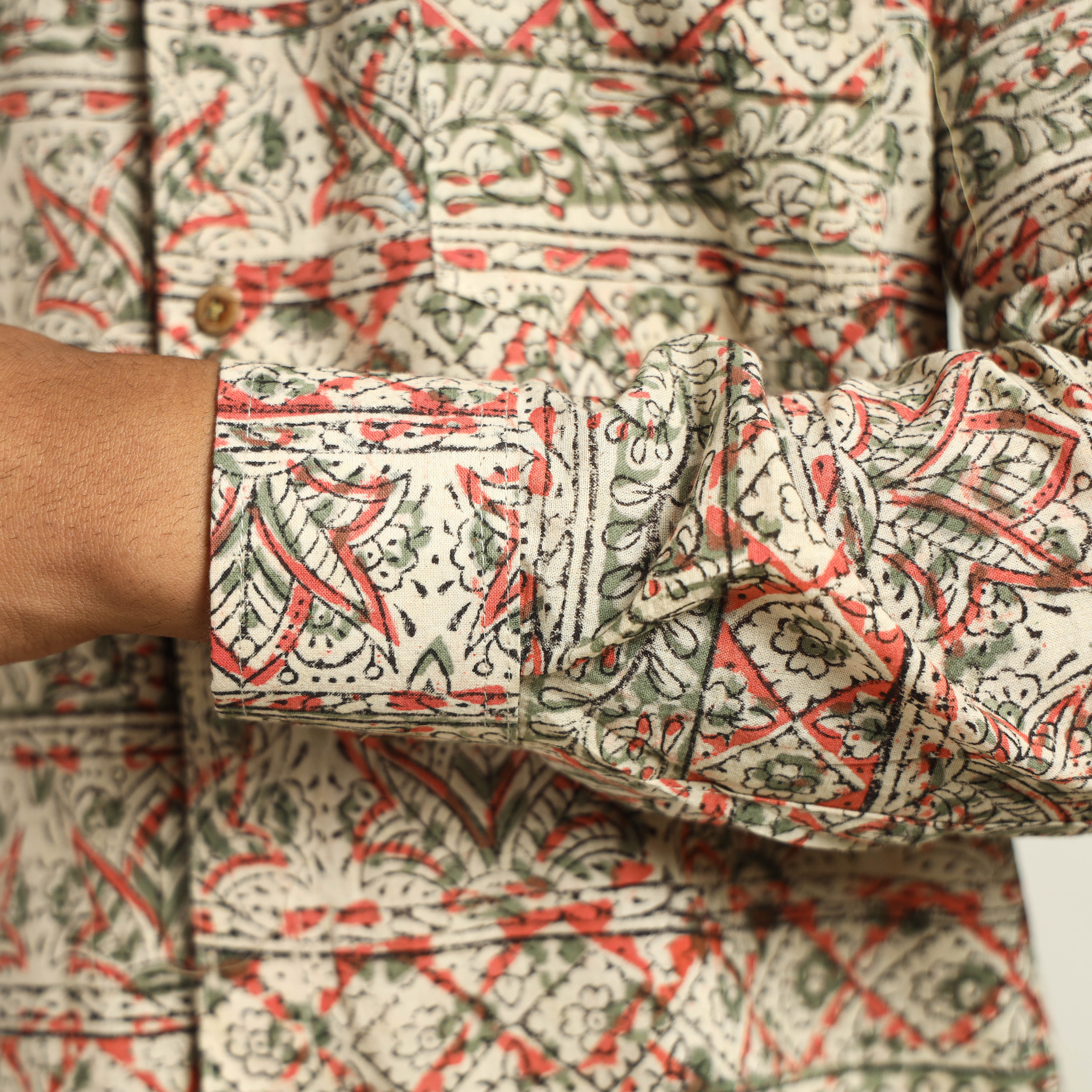 Beige - Kalamkari Block Printed Cotton Men Full Sleeve Shirt 09 - Image 7