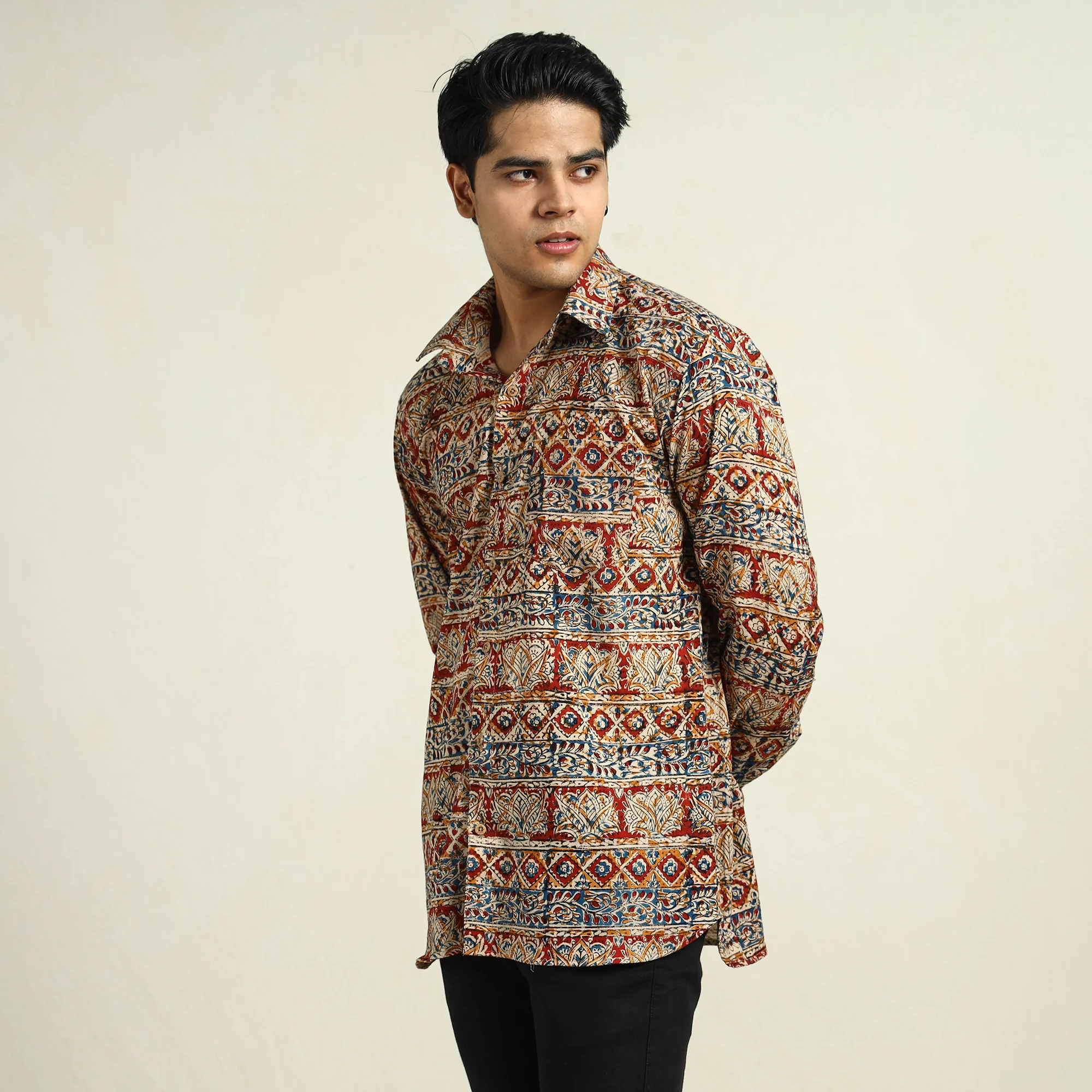 Multicolor - Kalamkari Block Printed Cotton Men Full Sleeve Shirt 10