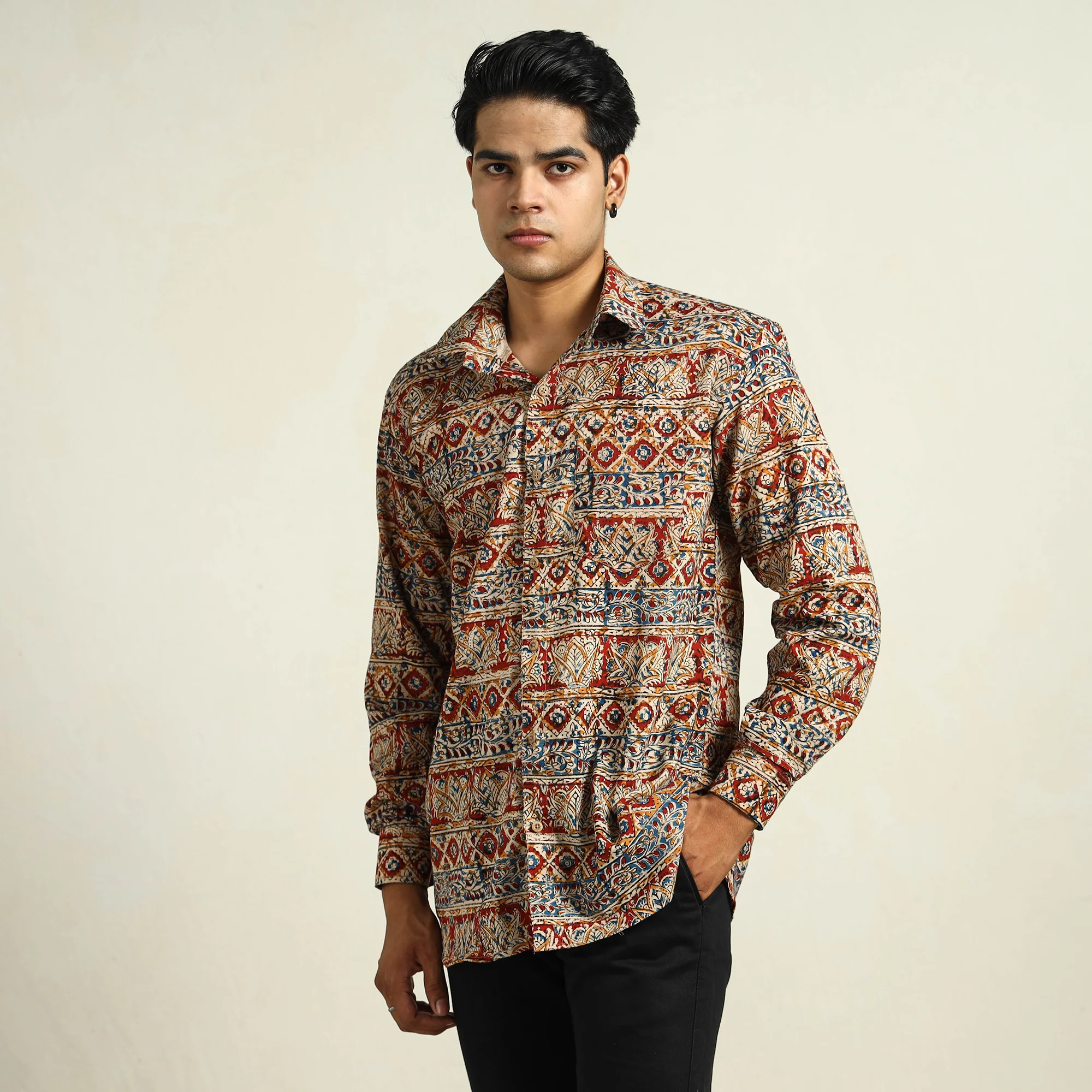 Multicolor - Kalamkari Block Printed Cotton Men Full Sleeve Shirt 10 - Image 2